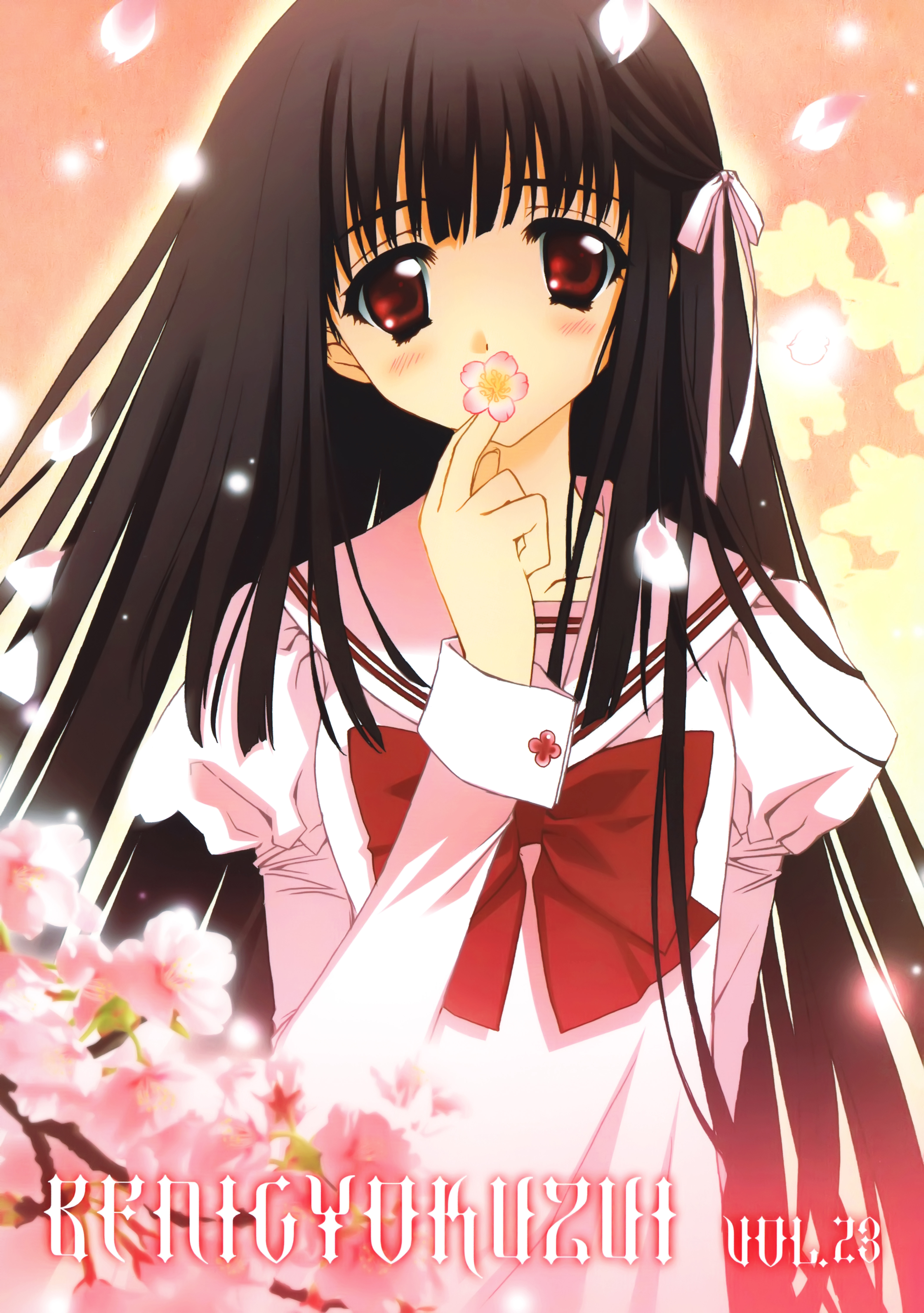 carnelian, absurdres, highres, black hair, blush, flower, long hair, red eyes, school uniform, solo