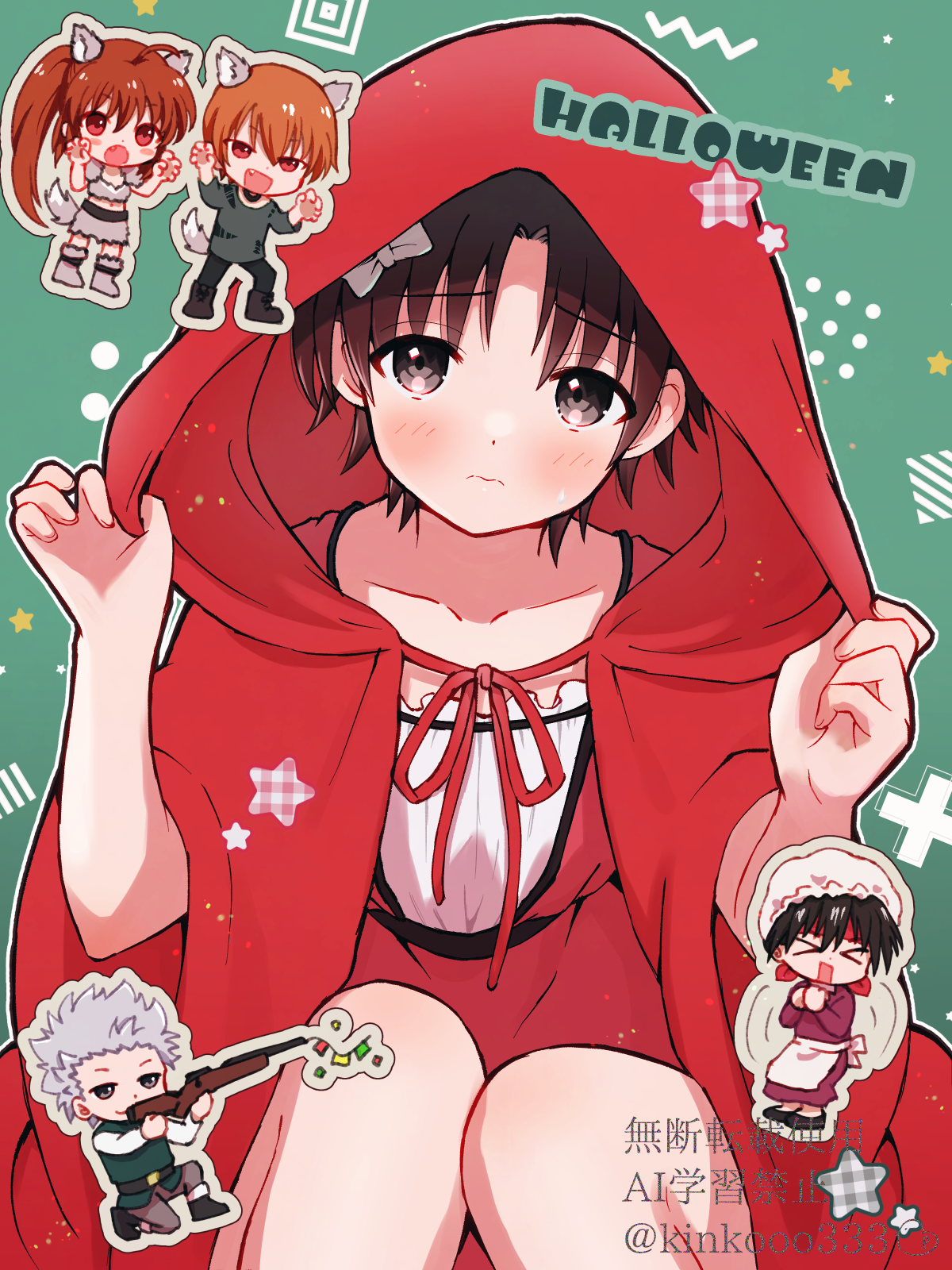 piyo (kinkooo333), inohara masato, little red riding hood (fairy tale character), miyazawa kengo, naoe riki, natsume kyousuke, natsume rin, little busters!, little red riding hood (fairy tale), commentary request, highres, > <, 1girl, 3:, 4boys, :d, :o, ahoge, alternate costume, animal ears, black eyes, black hair, blush, blush stickers, brother and sister, brown hair, chibi, chibi inset, claw pose, cloak, closed mouth, collarbone, cosplay, eyes visible through hair, fake animal ears, fake tail, fang, feet out of frame, frown, furrowed brow, grey hair, grey outline, gun, hair between eyes, halloween, halloween costume, hands up, holding, holding gun, holding weapon, hood, hood up, hooded cloak, little red riding hood (fairy tale character) (cosplay), long hair, looking at viewer, male focus, motion lines, multiple boys, open mouth, outline, ponytail, red cloak, red eyes, rifle, short hair, siblings, simple background, sitting, smile, solo focus, spiked hair, split mouth, standing, star (symbol), tail, trap, very long hair, watermark, weapon, white outline, wolf ears, wolf tail