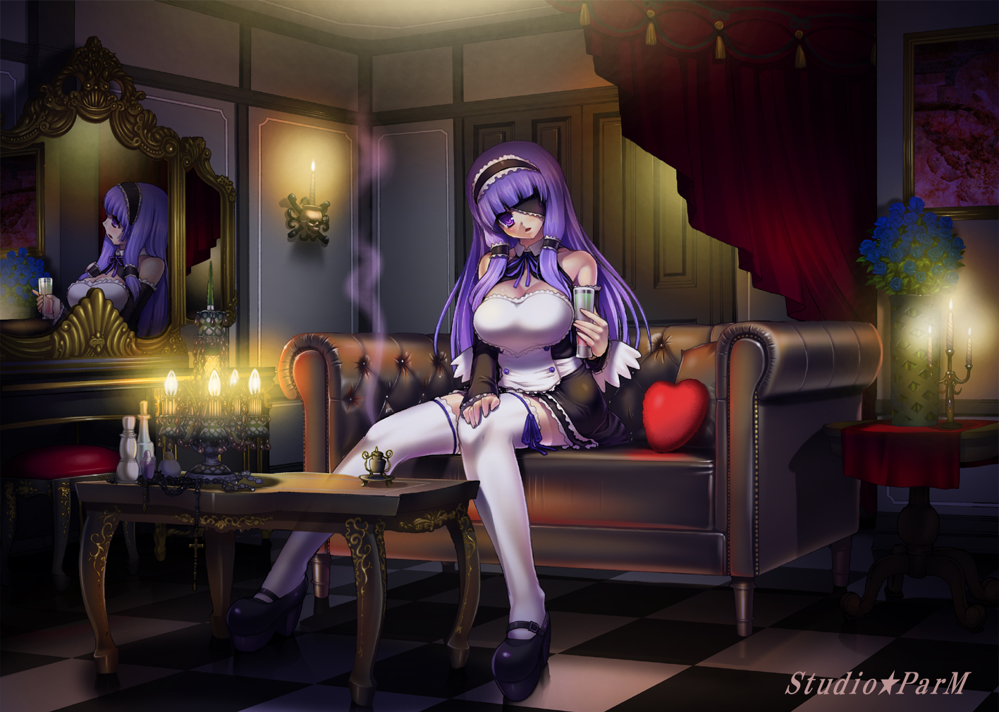 kotobuki utage, mari (dream c club), dream c club, dream c club (series), 1girl, apron, artistic error, bad reflection, bedroom, breasts, candle, cleavage, couch, eyepatch, female focus, flower, indoors, large breasts, legs, long hair, long legs, maid, maid apron, maid headdress, mirror, purple eyes, purple hair, reflection, room, sitting, solo, thighhighs, thighs, white thighhighs, wings