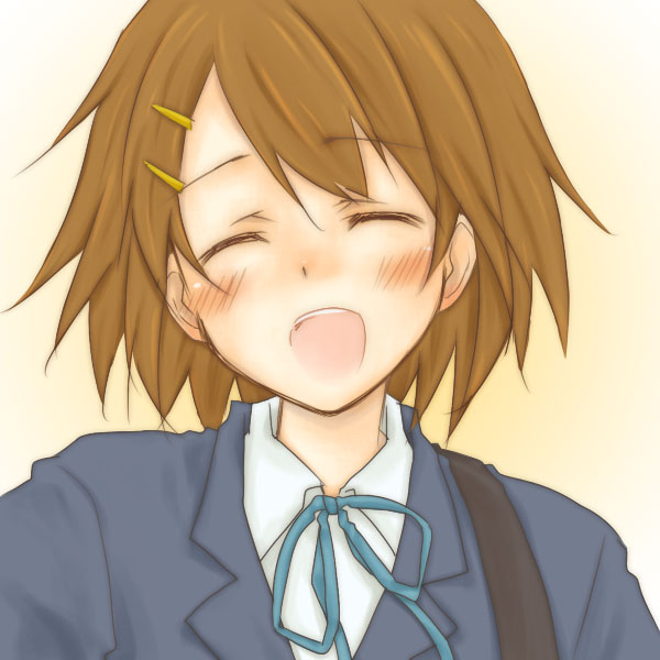 seri natsume, hirasawa yui, k-on!, 00s, 1girl, blush, brown hair, closed eyes, female focus, gradient background, hair ornament, hairclip, happy, open mouth, school uniform, short hair, solo