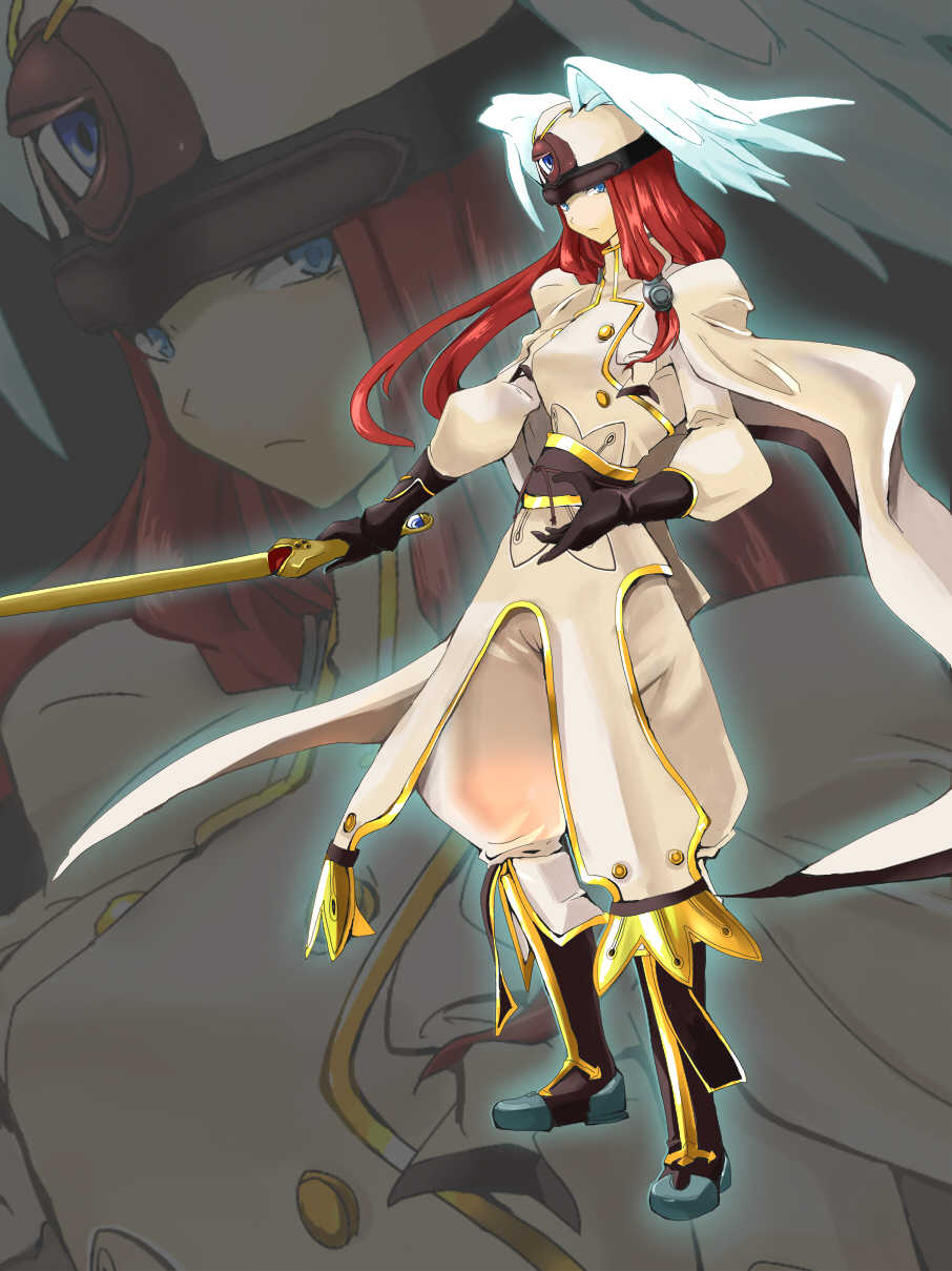 tsubaki yayoi, arc system works, blazblue, blazblue: continuum shift, highres, 1girl, cape, female focus, full body, hat, head wings, long hair, red hair, solo, sword, weapon, winged hat, wings, zoom layer