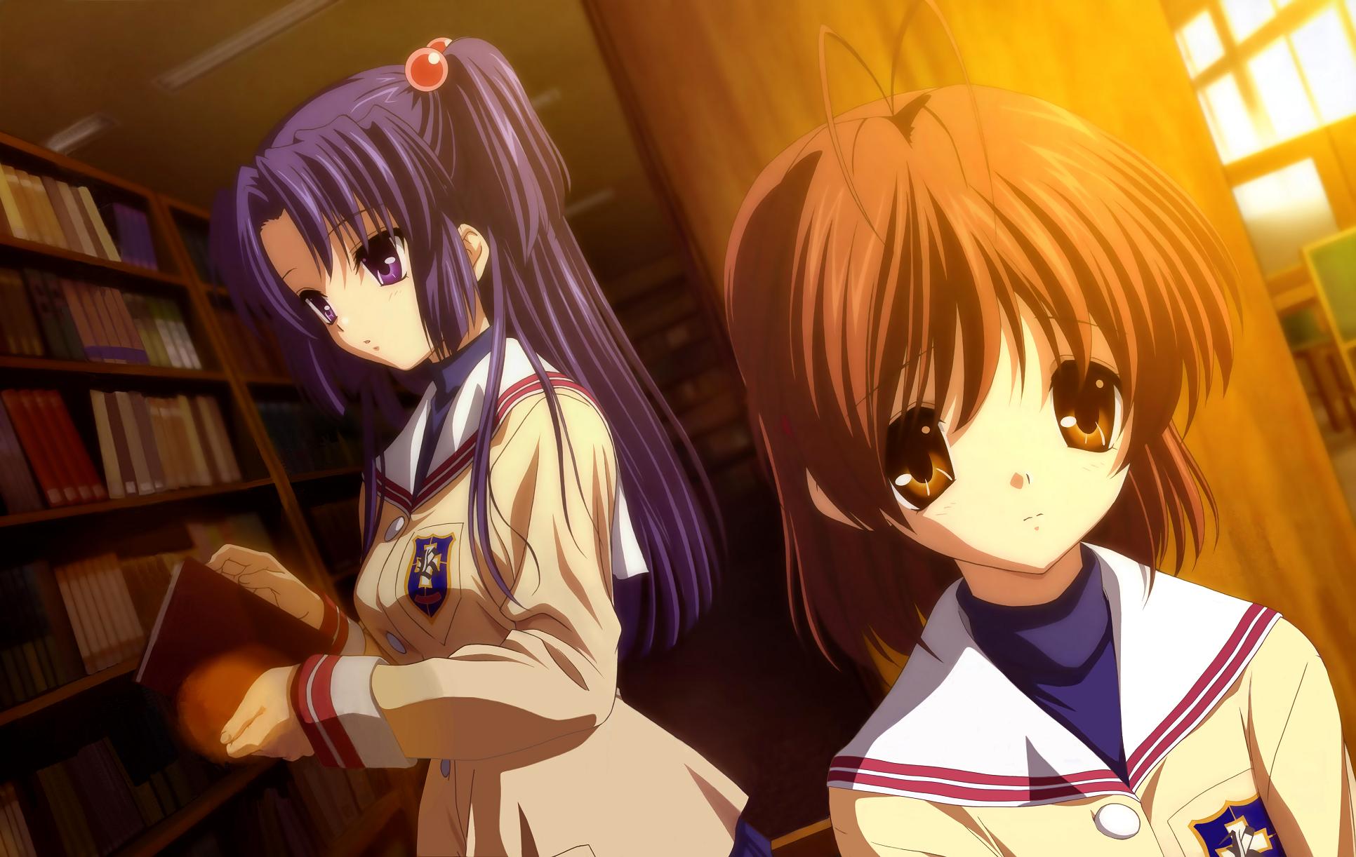 ikeda kazumi, furukawa nagisa, ichinose kotomi, clannad, highres, official art, 00s, 2girls, antenna hair, book, brown eyes, brown hair, hair bobbles, hair ornament, long hair, multiple girls, purple eyes, purple hair, school uniform, two side up