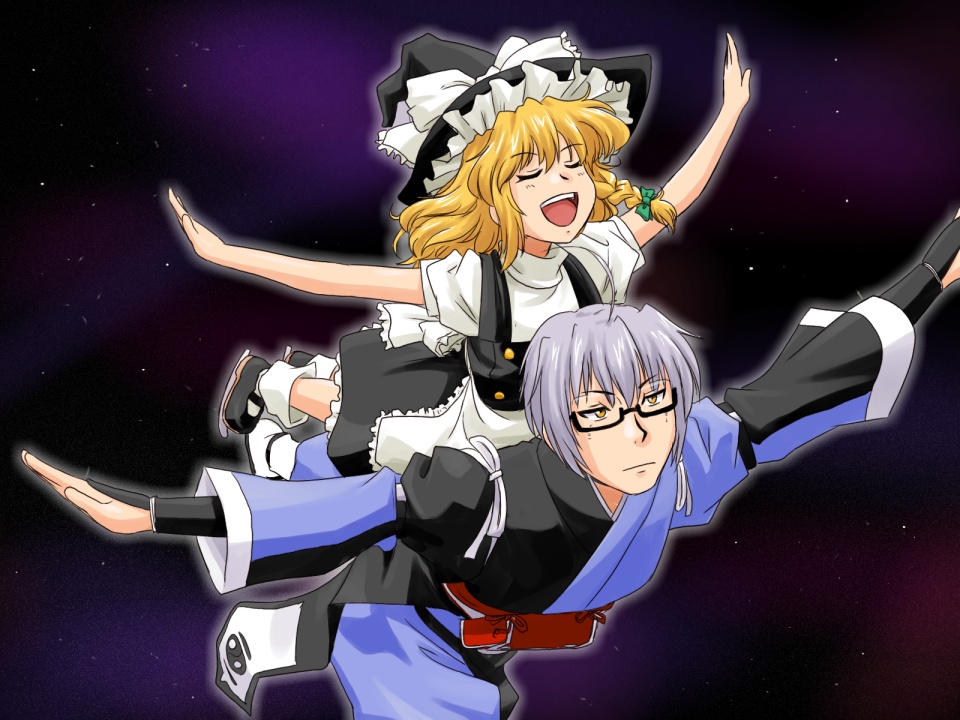 supon, kirisame marisa, morichika rinnosuke, curiosities of lotus asia, overman king gainer, touhou, silver hair, 1boy, 1girl, blonde hair, braid, dress, flying, glasses, gradient background, hat, outstretched arms, parody, short hair, space, spread arms, what, witch, witch hat, yellow eyes