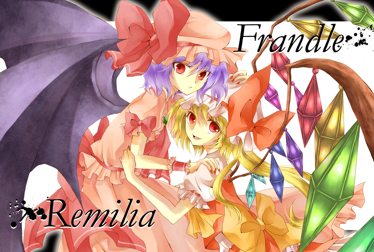 ayuko (ayuco), ayuko (pixiv123797), flandre scarlet, remilia scarlet, touhou, hand on head, hand on shoulder, bad id, bad pixiv id, 2girls, bat wings, blonde hair, character name, female focus, frown, hug, multiple girls, one side up, purple hair, red eyes, short hair, siblings, side ponytail, sisters, smile, wings