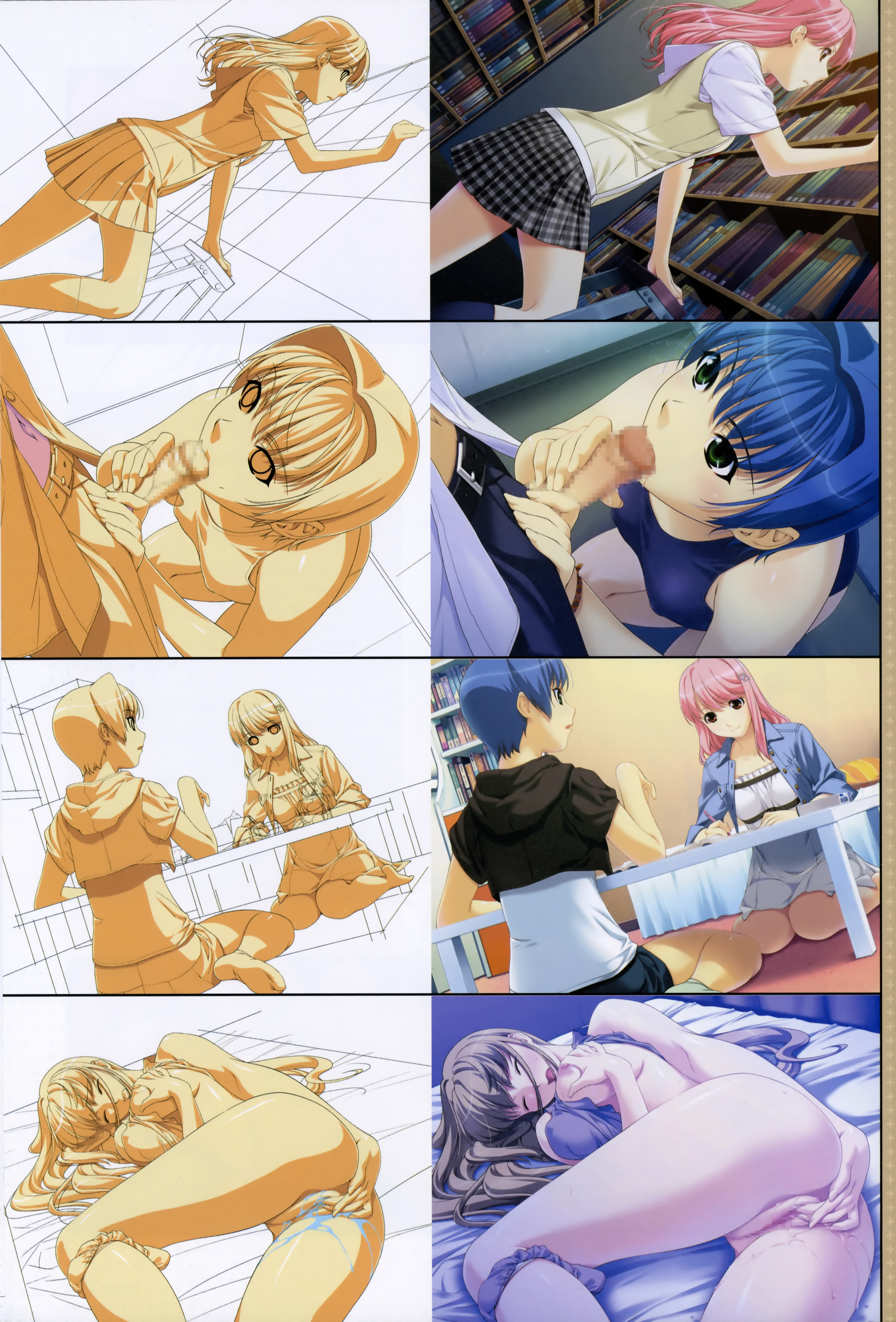 ino (magloid), sakurano miren, serizawa madoka, shiina kasumi, yuzuki minami, kimihagu, absurdres, highres, non-web source, scan, 00s, 3girls, ass, belt, blonde hair, blue hair, blush, bottomless, breasts, brown eyes, brown hair, censored, closed eyes, covered erect nipples, dress, fellatio, female masturbation, fingernails, green eyes, jacket, large breasts, long hair, masturbation, multiple girls, nipples, one-piece swimsuit, open mouth, oral, panties, panties around leg, penis, pink hair, pussy, pussy juice, saliva, school swimsuit, school uniform, short hair, skirt, socks, swimsuit, underwear, wristband