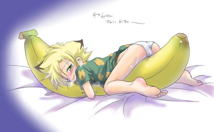 tsukino konta, b-daman, bakukyuu hit! crash b-daman, 00s, 1990s (style), 1boy, banana, bed, blonde hair, blush, briefs, crotch rub, cum, food, fruit, male focus, male underwear, masturbation, retro artstyle, shota, solo, sweatdrop, tears, underwear