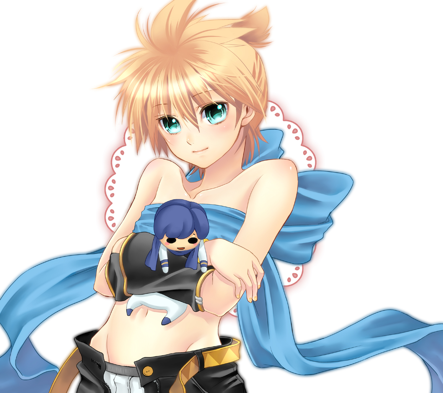 tamara, kagamine len, kaito (vocaloid), vocaloid, highres, 1boy, aqua eyes, blonde hair, blush, child, doll, male focus, ribbon, smile, solo, trap, underwear