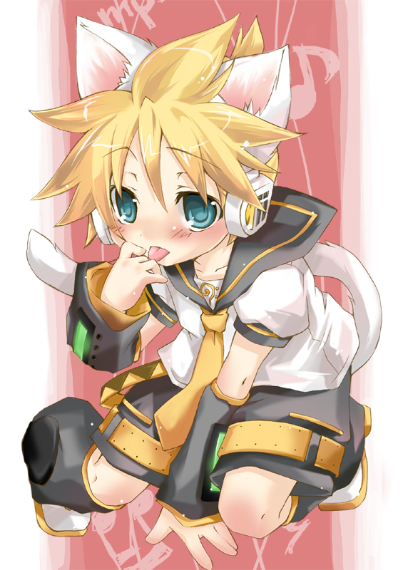 hekicha, kagamine len, vocaloid, 1boy, animal ears, aqua eyes, blonde hair, blush, cat boy, cat ears, cat tail, child, detached sleeves, headphones, implied extra ears, licking, male focus, musical note, necktie, shorts, solo, tail, tongue, trap, yellow necktie