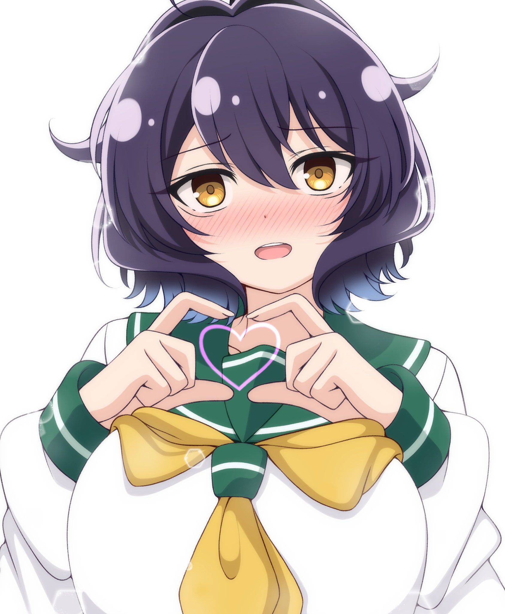 namako muri, hiiragi utena, mahou shoujo ni akogarete, commentary, highres, symbol-only commentary, 1girl, blush, breasts, green sailor collar, hair between eyes, hands up, heart, heart hands, heart in heart hands, large breasts, looking at viewer, open mouth, purple hair, sailor collar, shirt, short hair, simple background, solo, upper body, white background, white shirt, yellow eyes