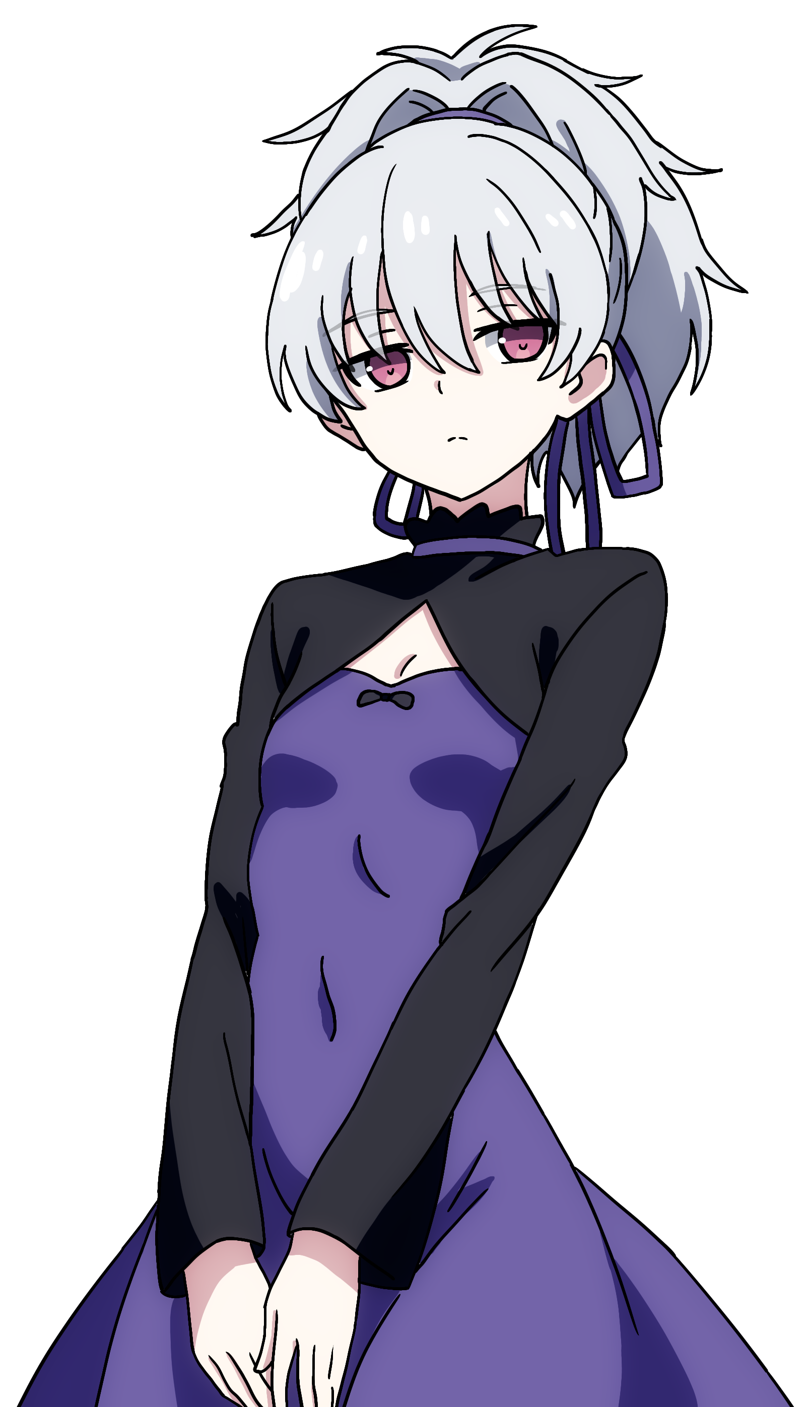 pioartstuff, yin (darker than black), darker than black, absurdres, commentary request, highres, 1girl, breasts, closed mouth, covered navel, dress, grey hair, hair between eyes, hair ribbon, high ponytail, medium hair, ponytail, purple dress, purple ribbon, red eyes, ribbon, shrug (clothing), simple background, small breasts, solo, white background