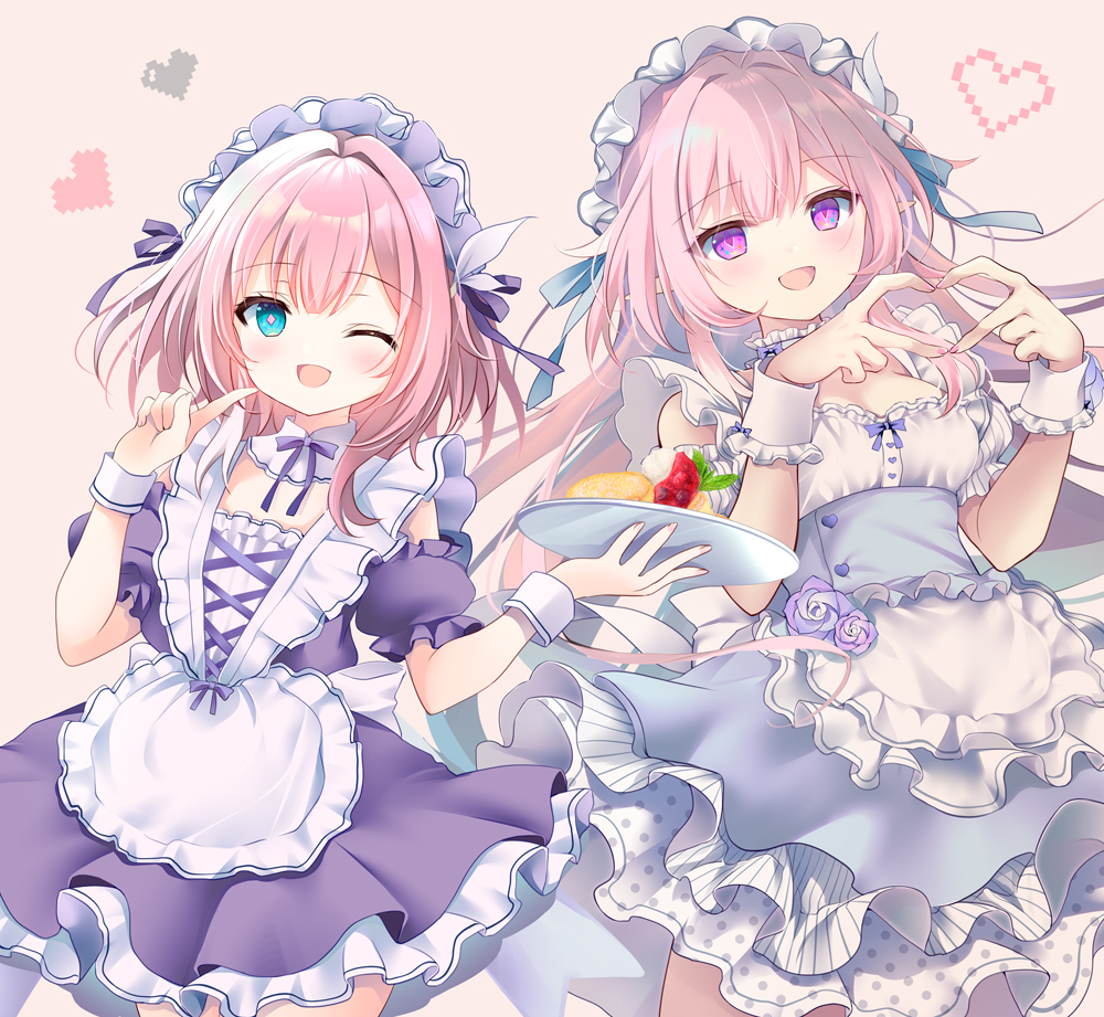 shirogane hina, cyrene (honkai: star rail), cyrene (philia093) (honkai: star rail), honkai: star rail, honkai (series), commentary request, 2girls, ;o, alternate costume, apron, blue dress, blue eyes, breasts, cyrene (demiurge) (honkai: star rail), diamond-shaped pupils, diamond (shape), dress, dual persona, food, four-finger heart hands, heart, heart hands, holding, holding food, large breasts, long hair, looking at viewer, maid, maid apron, maid headdress, multicolored hair, multiple girls, one eye closed, pink hair, purple dress, purple eyes, short hair, simple background, small breasts, smile, symbol-shaped pupils, tray, two-tone hair, very long hair, white apron, white background, white hair, wrist cuffs