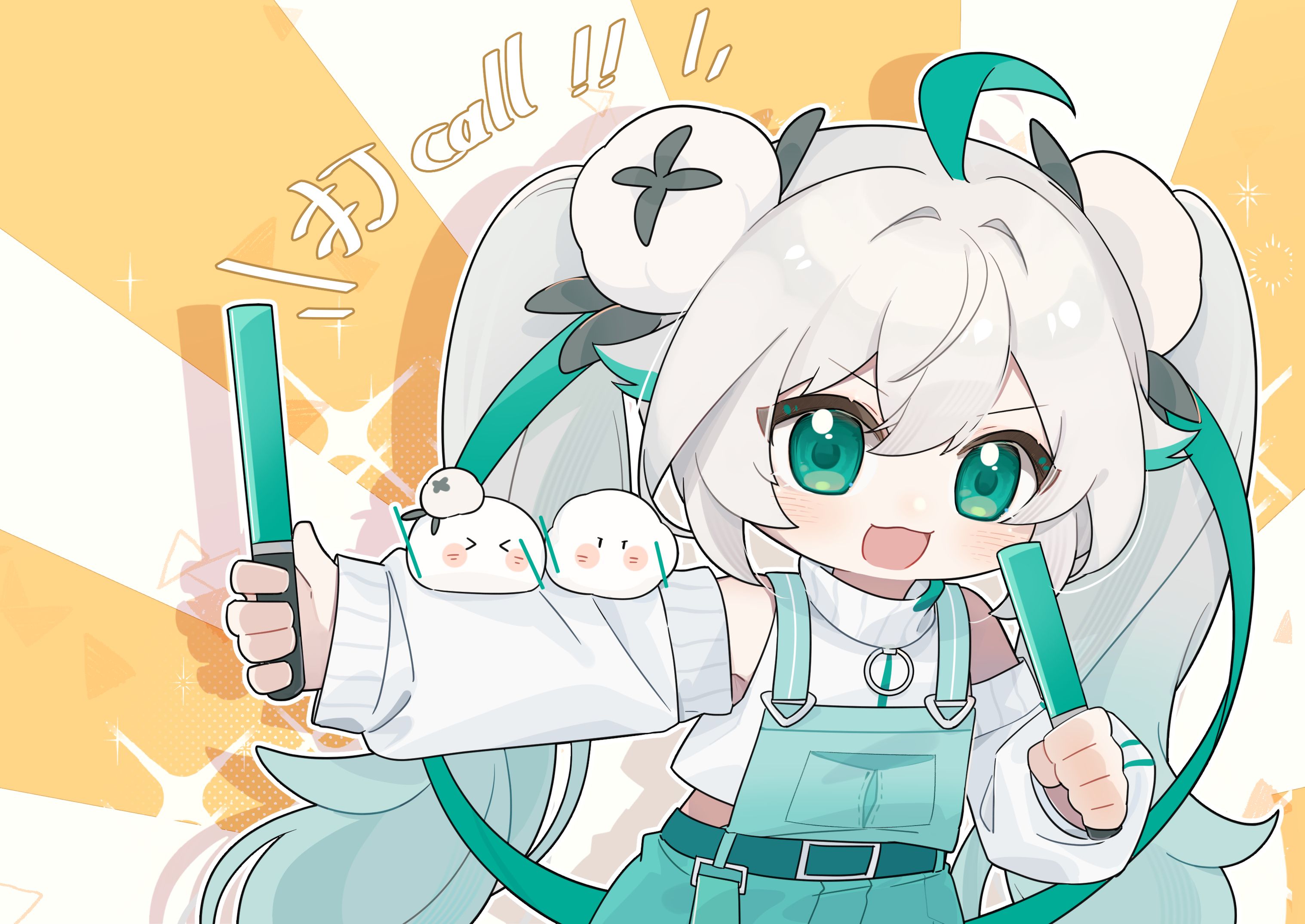 wenxiaomian family, commentary request, highres, > <, 1girl, :d, ahoge, aqua hair, belt, blush, chibi, detached sleeves, gradient hair, green eyes, green hair, grey hair, hair bun, hair ornament, holding, long hair, long sleeves, looking at viewer, mixed-language text, multicolored hair, official alternate costume, official alternate hairstyle, open mouth, overalls, quanmian shidai, shirt, skirt, smile, solo, spring onion, stick, streaked hair, sunburst, sunburst background, sweater, turtleneck, twintails, v-shaped eyebrows, very long hair, virtual youtuber, wen xiaomian, white hair, white shirt, white sweater