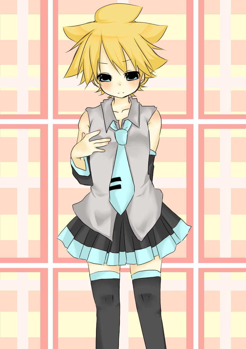 hatsune miku, kagamine len, vocaloid, 1boy, blonde hair, blush, child, cosplay, crossdressing, crossdressing (mtf), male focus, necktie, skirt, solo, trap