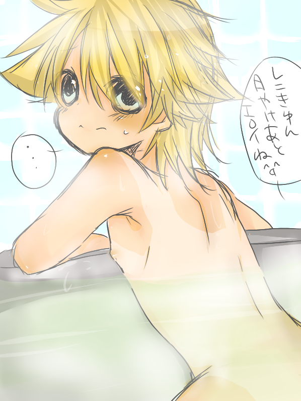 kagamine len, vocaloid, 1boy, bath, bathing, blonde hair, blush, male focus, nude, shota, solo, sweatdrop, tan, tanline, water, wet