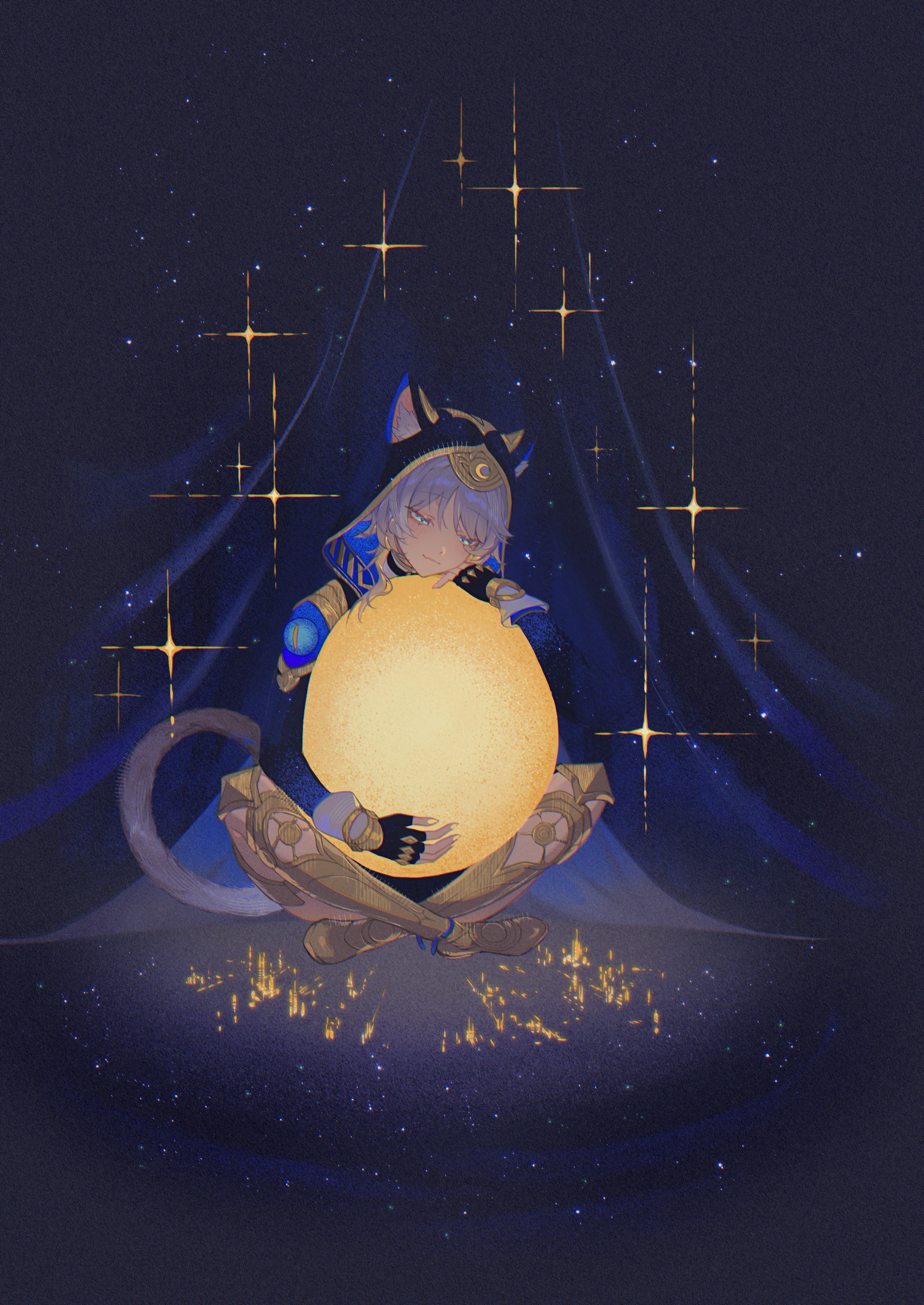 hitohachan, cipher (honkai: star rail), honkai: star rail, honkai (series), absurdres, commentary, hashtag-only commentary, highres, 1girl, animal ear fluff, animal ears, animal hood, blue eyes, boots, cat ears, cat girl, cat tail, curtains, fingerless gloves, full moon, gloves, glowing, grey hair, high heel boots, high heels, holding, hood, hug, moon, sitting, sparkle, star (sky), tail, thigh boots, yellow nails