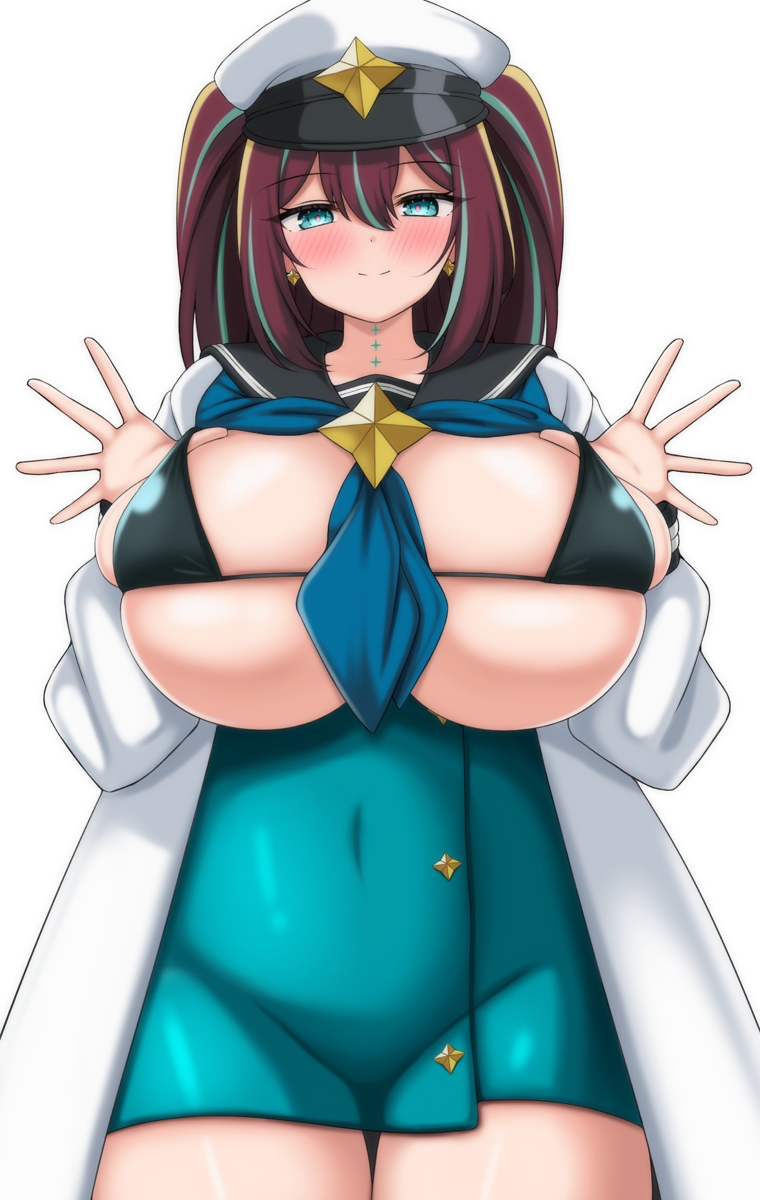 namako muri, akoya matama, loco musica, mahou shoujo ni akogarete, absurdres, commentary request, highres, 1girl, alternate breast size (larger), bikini, black bikini, black sailor collar, blue dress, blue eyes, blue neckerchief, blue streaks, blush, breasts, brown hair, closed mouth, coat, cowboy shot, double-parted bangs, dress, earrings, hair between eyes, hands up, hat, huge breasts, jewelry, long hair, looking at viewer, micro bikini, multicolored hair, neckerchief, open clothes, open coat, peaked cap, sailor collar, simple background, skindentation, smile, solo, star (symbol), star earrings, streaked hair, swimsuit, white background, white coat, white hat