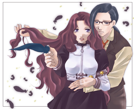 yugu (citrus soda), yugu (pixiv), kisaragi itsuki, kisaragi quon, rahxephon, 00s, 1boy, 1girl, armor, black hair, feathers, foreshortening, glasses, hetero, hug, long hair, mother and son, red hair, wind