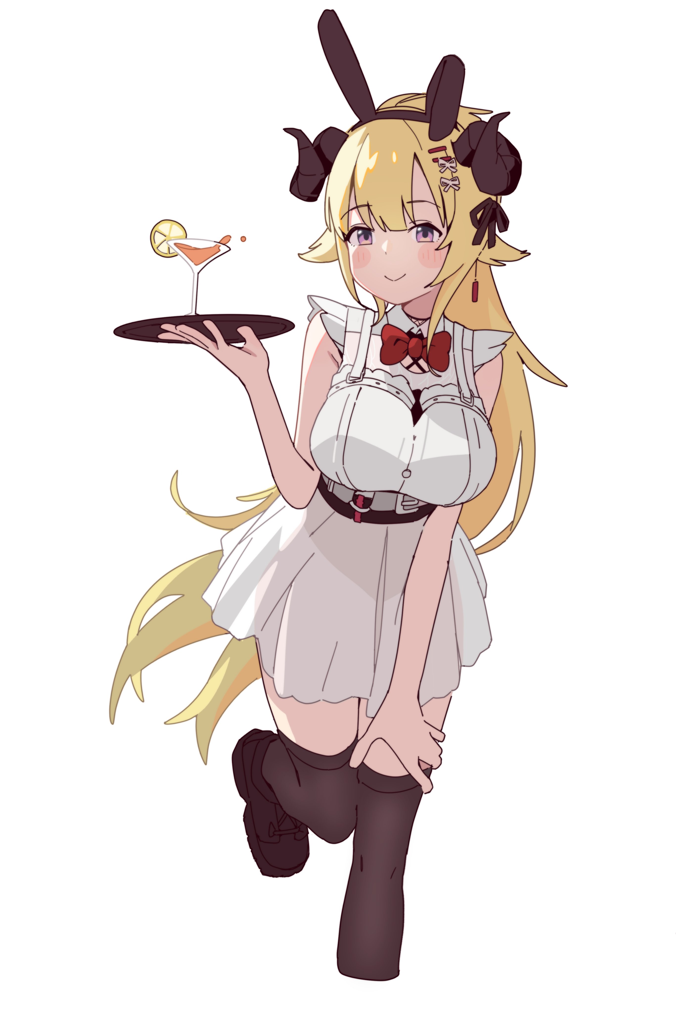 mendako (wjkgreat), tsunomaki watame, tsunomaki watame (watame night fever!!), hololive, absurdres, hashtag-only commentary, highres, 1girl, animal ears, bare arms, black thighhighs, blonde hair, blush, bow, bowtie, breasts, cocktail glass, cropped legs, cup, dress, drinking glass, fake animal ears, food, fruit, hair ornament, hair ribbon, hairclip, holding, holding tray, horns, large breasts, long hair, looking at viewer, orange (fruit), orange slice, purple eyes, red bow, red bowtie, ribbon, sheep ears, sheep girl, sheep horns, simple background, smile, solo, standing, standing on one leg, thighhighs, tray, virtual youtuber, white background, white dress