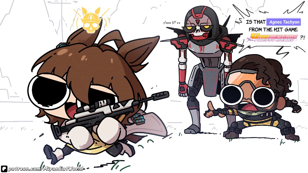 miyan (oceanmaiden), agnes tachyon (umamusume), umamusume, character request, commentary, english commentary, 1girl, ahoge, animal ears, brown hair, crossover, english text, gun, hair between eyes, holding, holding gun, holding weapon, horse ears, horse girl, horse tail, lab coat, long sleeves, open mouth, short hair, sleeves past wrists, tail, weapon