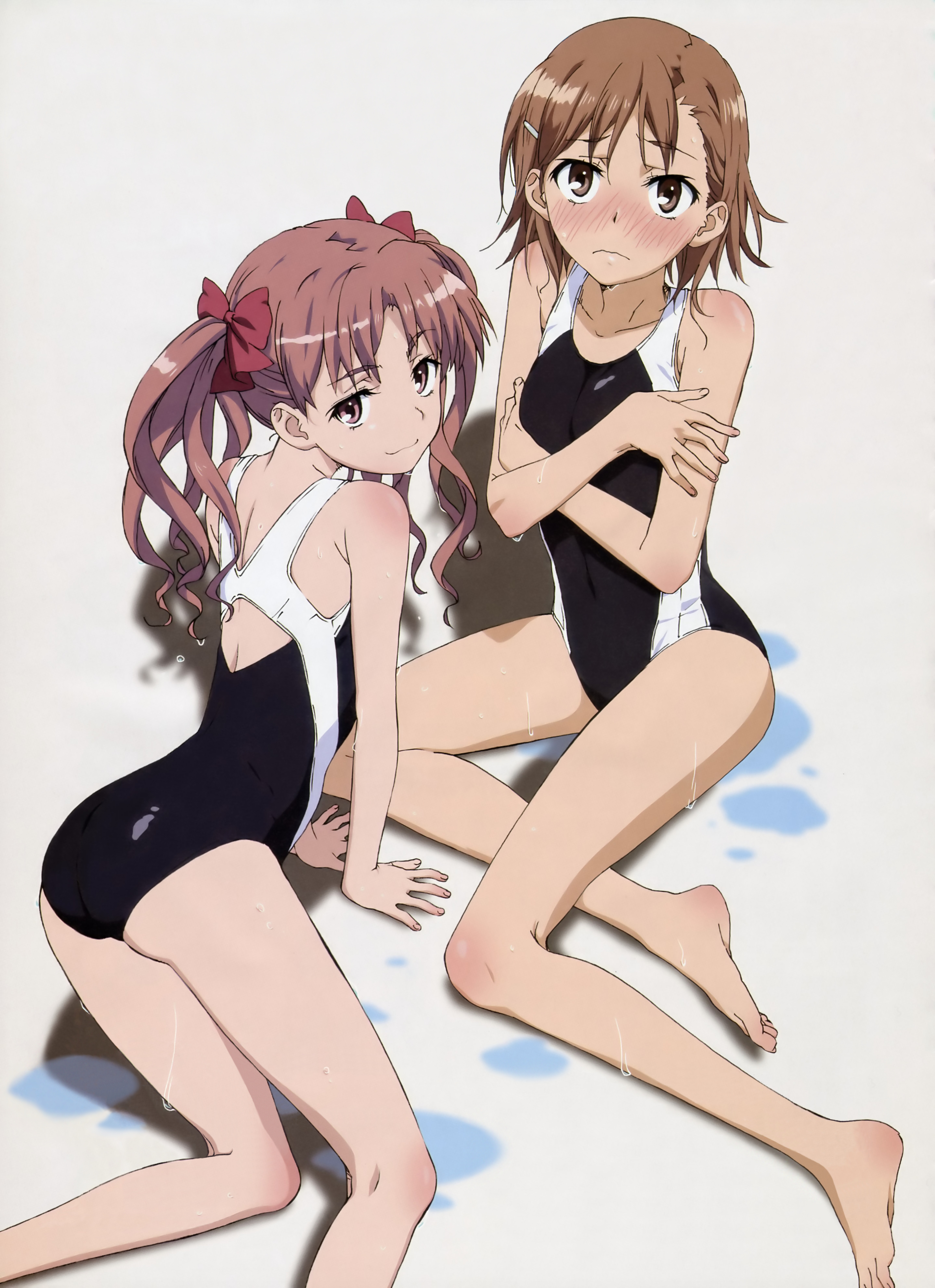 yamashita yuu, misaka mikoto, shirai kuroko, toaru kagaku no railgun, toaru majutsu no index, absurdres, detexted, highres, non-web source, third-party edit, 00s, 2009, 2girls, :3, all fours, ass, back, barefoot, black one-piece swimsuit, blush, bow, brown eyes, brown hair, competition swimsuit, covering breasts, covering privates, embarrassed, feet, flat chest, frown, full body, hair bow, hair ornament, hairclip, kneepits, legs, long hair, looking back, matching hair/eyes, multiple girls, one-piece swimsuit, pink eyes, pink hair, school swimsuit, short hair, sitting, smile, swimsuit, tokiwadai school swimsuit, twintails, water, wet