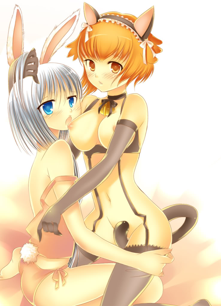 2girls, animal ears, blue eyes, blush, breast sucking, breasts, cat ears, cat tail, caught, choker, covering crotch, covering privates, lingerie, long hair, looking at viewer, multiple girls, nipples, orange eyes, orange hair, panties, rabbit ears, rabbit tail, short hair, tail, thighhighs, underwear, white hair, yuri