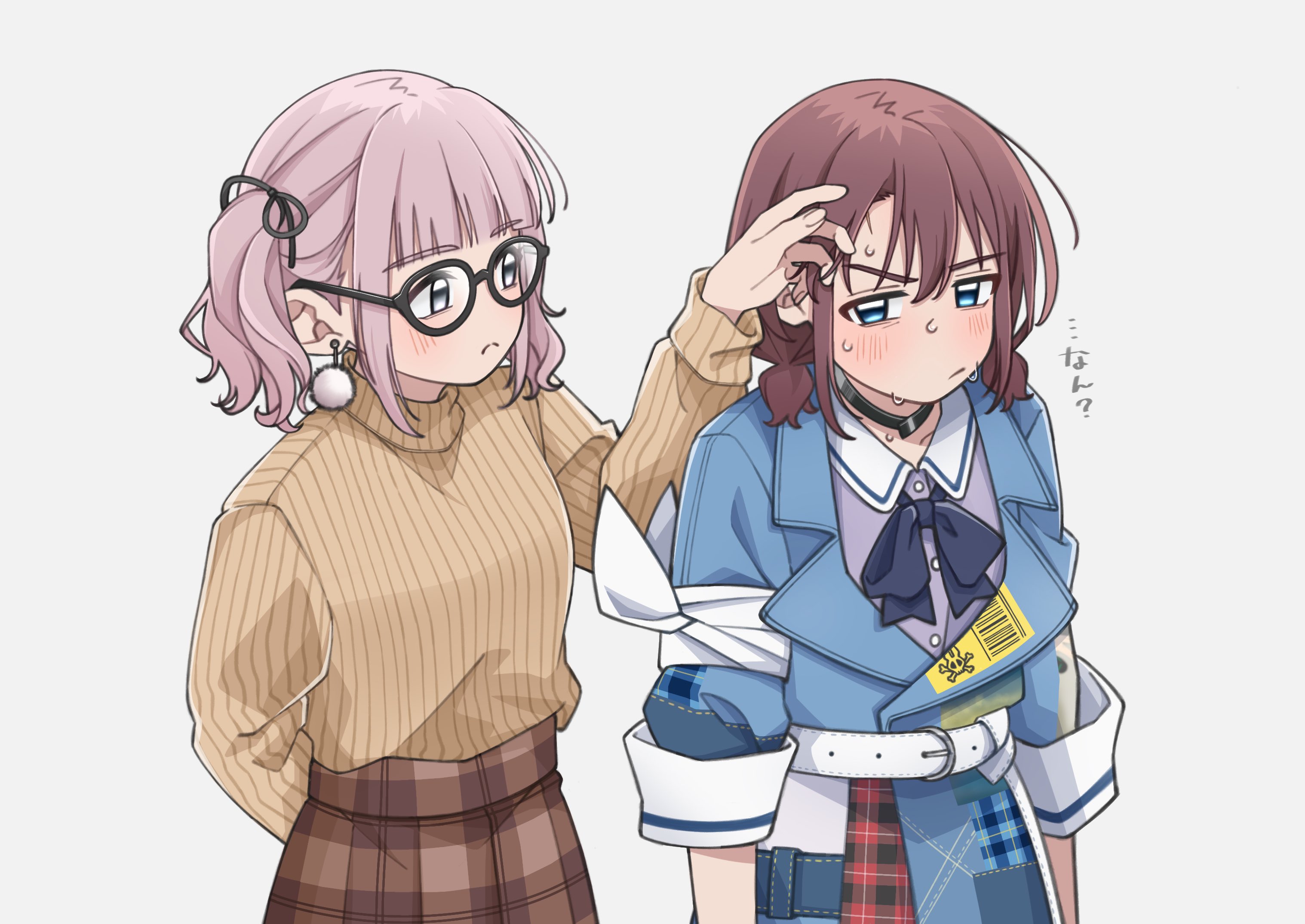 wabe417, hina (girls band cry), iseri nina, girls band cry, commentary request, highres, 2girls, belt, black choker, blue eyes, blue shirt, blush, brown hair, brown sweater, choker, earrings, glasses, grey eyes, jewelry, low twintails, multiple girls, pink hair, shirt, short hair, short twintails, simple background, sweat, sweater, twintails, white background, white belt