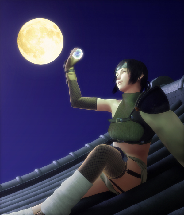 ebimaru, yuffie kisaragi, final fantasy, final fantasy vii, square enix, 1990s (style), 1girl, 3d, armor, female focus, fingerless gloves, fishnet thighhighs, fishnets, full moon, gloves, headband, materia, midriff, moon, retro artstyle, rooftop, shorts, sitting, sky, sleeveless, sleeveless turtleneck, solo, thighhighs, turtleneck, wutai
