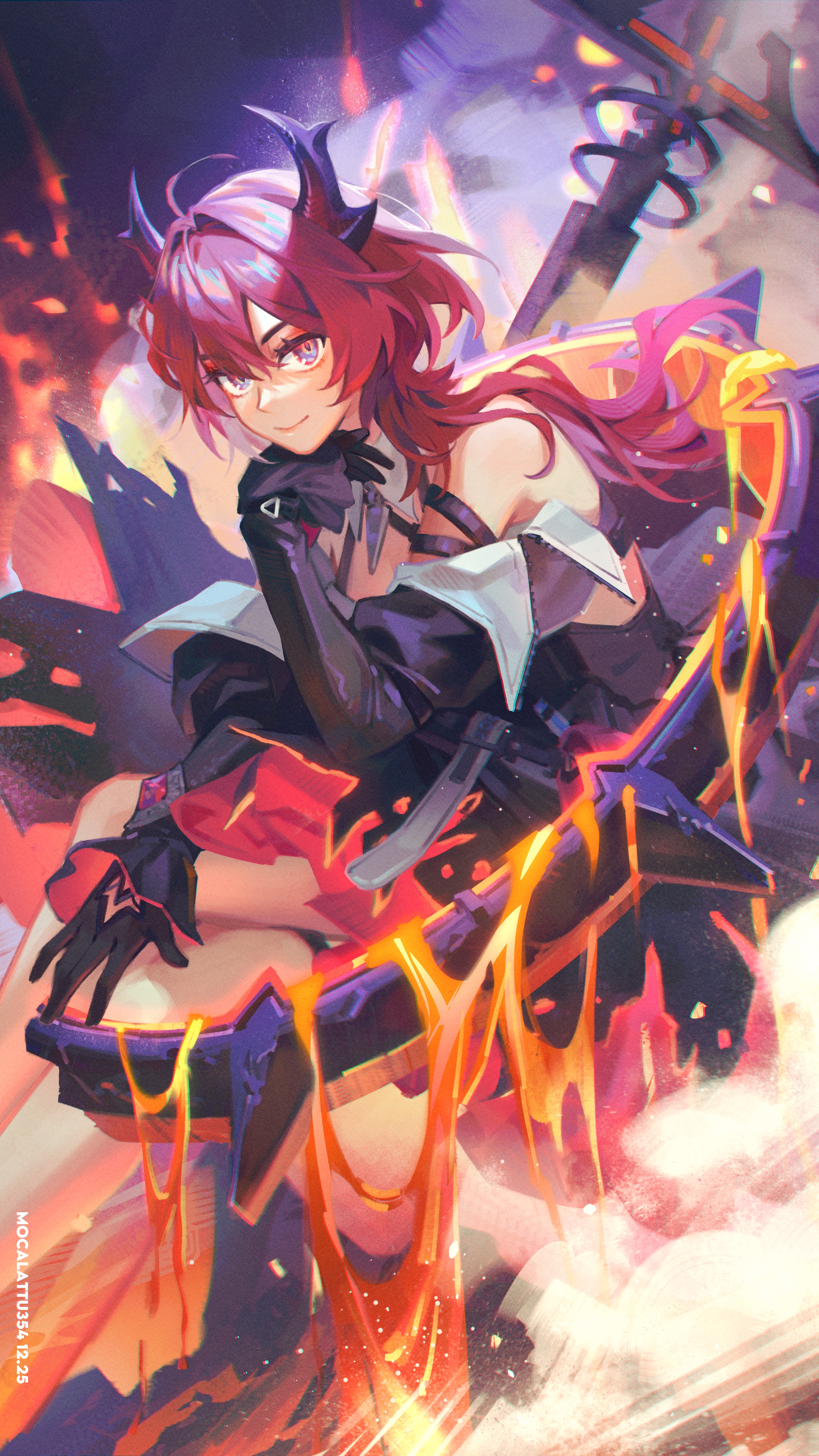 moca354, laevatein (arknights), surtr (arknights), arknights, arknights: endfield, absurdres, commentary request, highres, 1girl, bare shoulders, black dress, black gloves, black horns, closed mouth, demon horns, dress, feet out of frame, gloves, hair between eyes, hair intakes, horns, lava, long hair, looking at viewer, purple eyes, red hair, sitting, smile, solo, sword, weapon