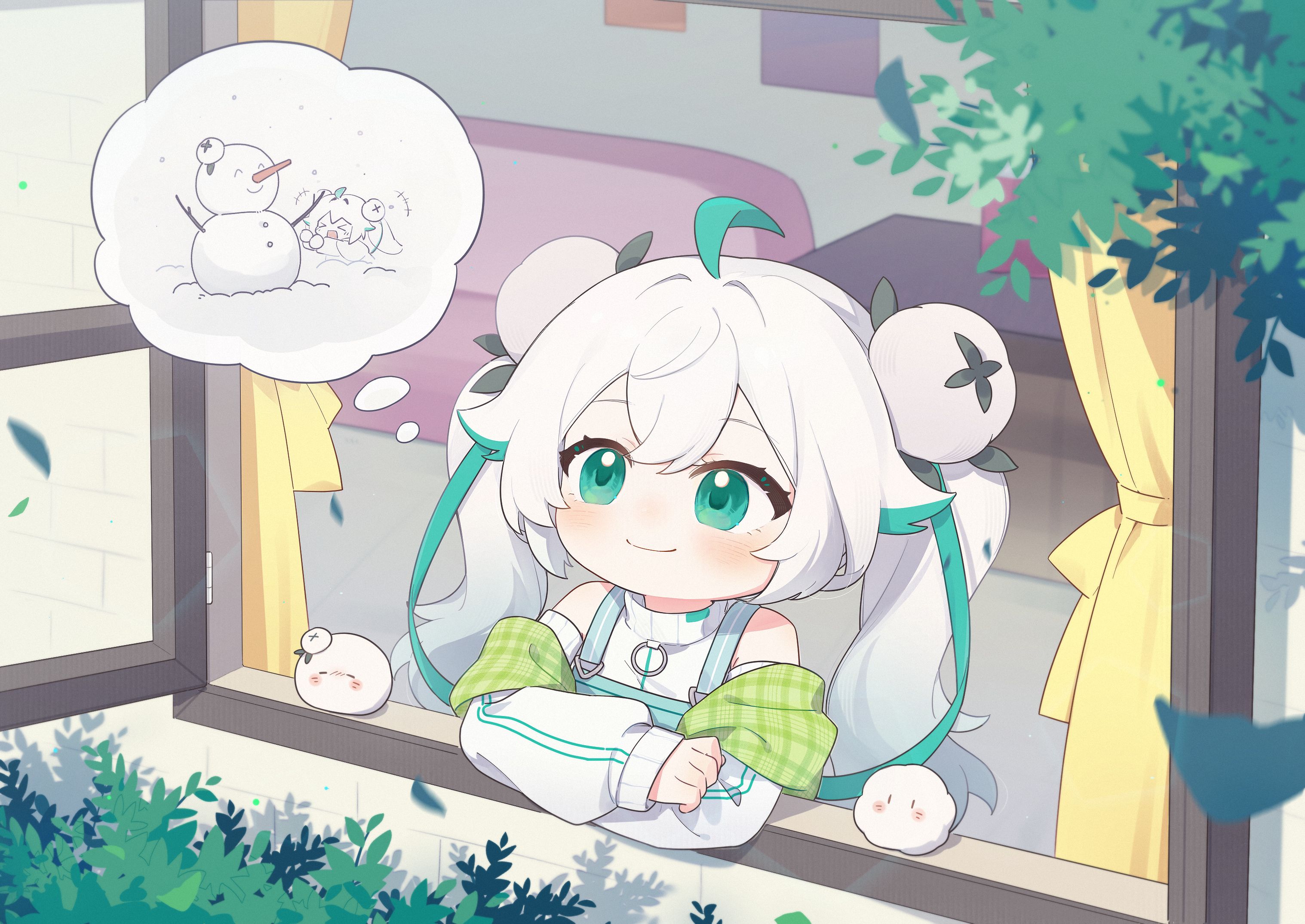 wenxiaomian family, commentary request, highres, 1girl, ahoge, bare shoulders, chibi, couch, curtains, from outside, gradient hair, green eyes, green hair, hair bun, hair ornament, jacket, leaf, long hair, looking up, multicolored hair, off shoulder, official alternate costume, official alternate hairstyle, quanmian shidai, shirt, smile, snowman, solo, speech bubble, streaked hair, teruterubouzu, thought bubble, twintails, virtual youtuber, wen xiaomian, white hair, white jacket, window