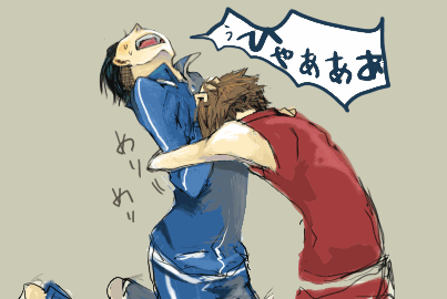 ono no imoko, shoutoku taishi, shyotoku taishi, gag manga biyori, lowres, 2boys, hug, multiple boys, simple background, sleeveless, sweatdrop, track suit