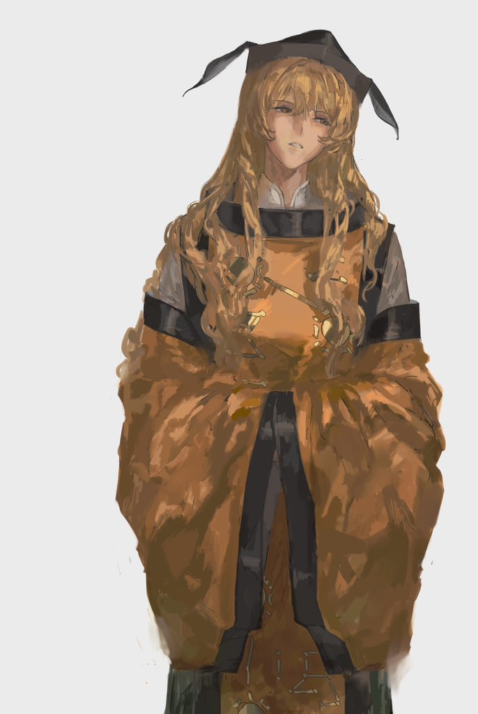 tansuyuli, matara okina, touhou, 1girl, black hat, blonde hair, constellation print, cowboy shot, detached sleeves, green skirt, hair between eyes, hands in opposite sleeves, hat, long hair, long sleeves, orange shirt, orange tabard, parted lips, shirt, simple background, skirt, solo, standing, tabard, white background, wide sleeves, yellow eyes