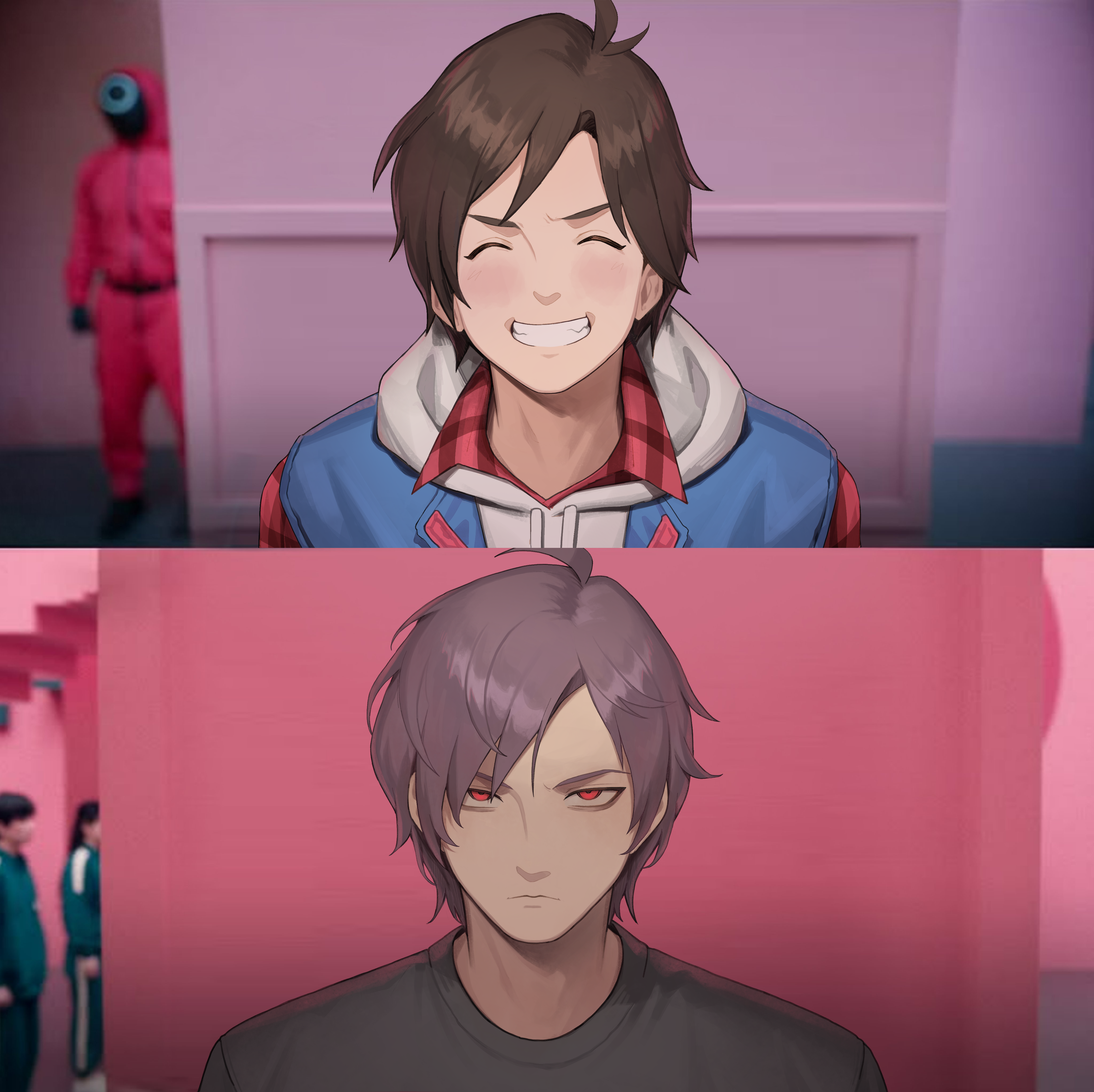 reiji-rj, junpei (kyokugen dasshutsu), kyokugen dasshutsu, kyokugen dasshutsu: 9 jikan 9 nin 9 no tobira, squid game, zero escape: toki no dilemma, absurdres, commentary, highres, 1boy, black shirt, blue vest, blush, brown hair, closed eyes, closed mouth, dual persona, eyelashes, flannel, grin, hood, hood down, hoodie, male focus, meme, plaid clothes, plaid shirt, red eyes, red shirt, shirt, short hair, smile, solo focus, teeth, vest, white hoodie, year 1 & year 2 (squid game) (meme)