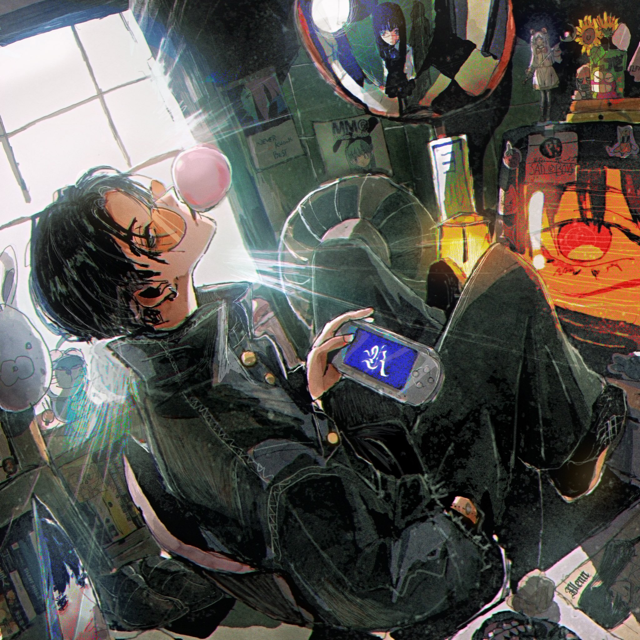 jojidoboro, bulma, doraemon (character), frieren, samejima mamimi, yoru (chainsaw man), chainsaw man, doraemon, dragon ball, flcl, oyasumi punpun, sousou no frieren, character request, commentary, copyright request, english commentary, highres, 1boy, backlighting, black jacket, black pants, blowing bubble gum, chewing gum, earrings, electric fan, figure, hand in pocket, handheld game console, holding, holding handheld game console, indoors, jacket, jewelry, light rays, male focus, monitor, orange-tinted eyewear, otaku room, pants, red eyes, reflection, ringed eyes, scar, scar on face, sideways glance, solo focus, sticker, tinted eyewear, traffic mirror, window