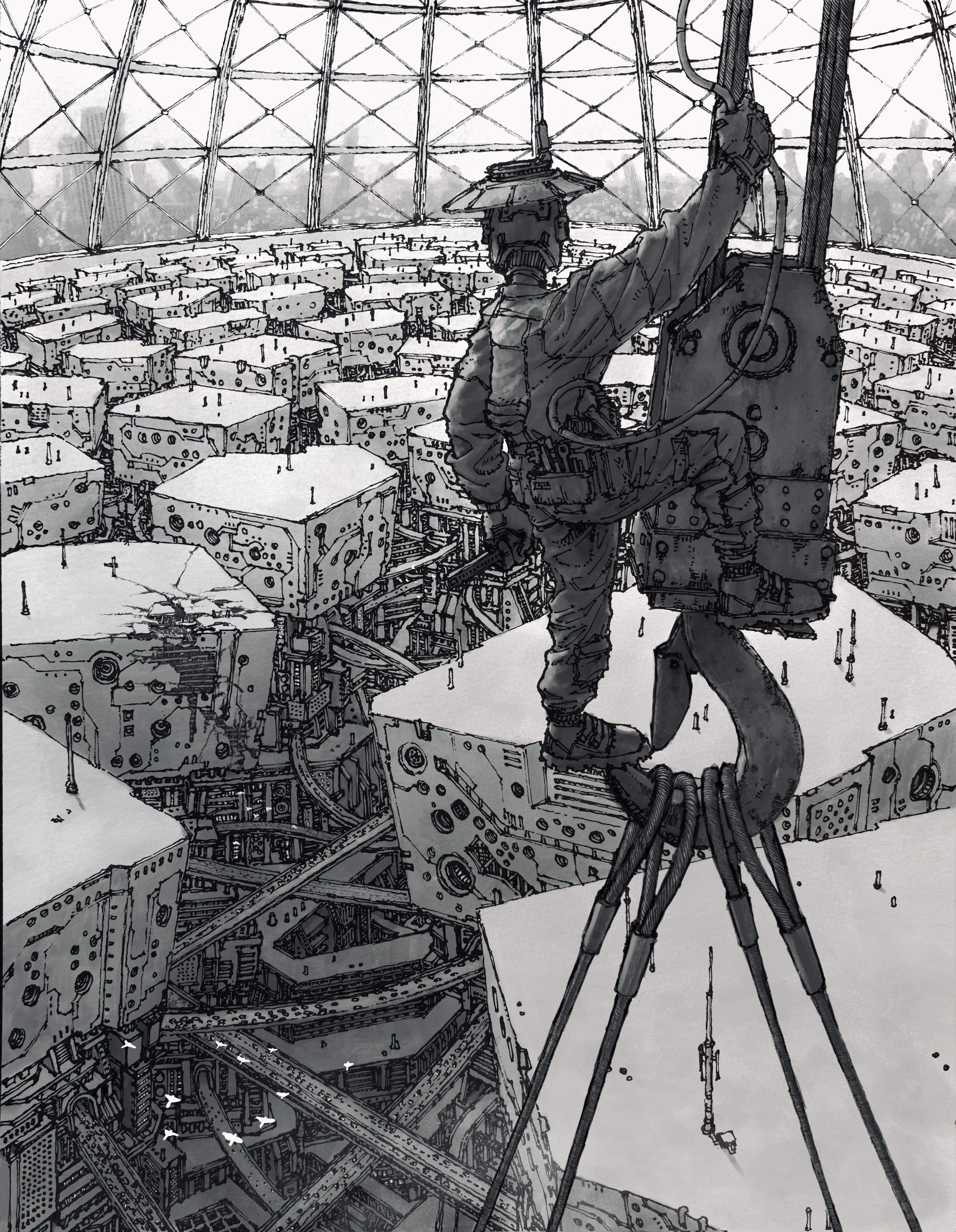 original, absurdres, commentary request, highres, 1boy, boots, bridge, city, cityscape, crane (machine), facing away, flock, greyscale, hat, holding, hook, humanoid robot, jumpsuit, kamikairo, megastructure, monochrome, robot, scenery, science fiction, tool belt