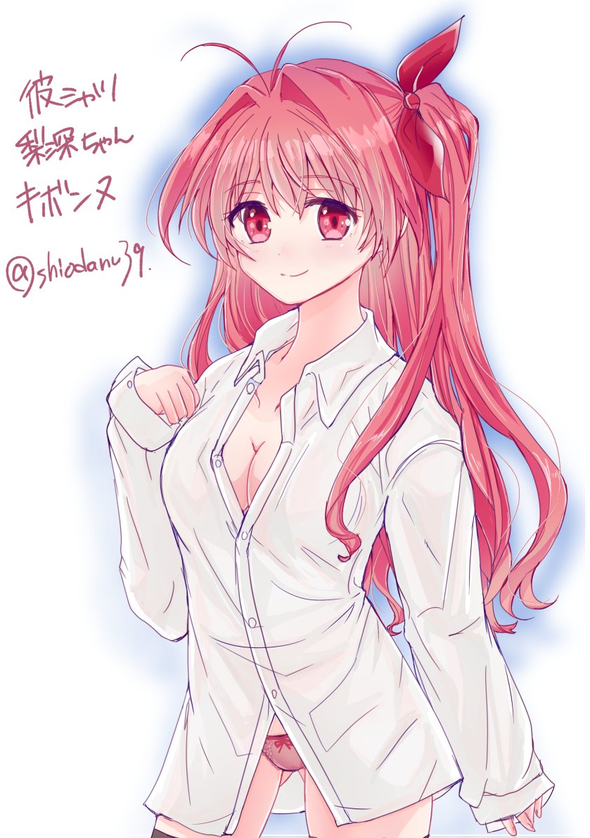 shiodanuki nofuku, sakihata rimi, chaos;head, science adventure, commentary request, 1girl, antenna hair, black thighhighs, blush, breasts, cleavage, cowboy shot, dress shirt, fingernails, hair ribbon, long hair, long sleeves, looking at viewer, open clothes, open shirt, panties, pink hair, ribbon, shirt, simple background, smile, solo, thighhighs, underwear, white background, white shirt