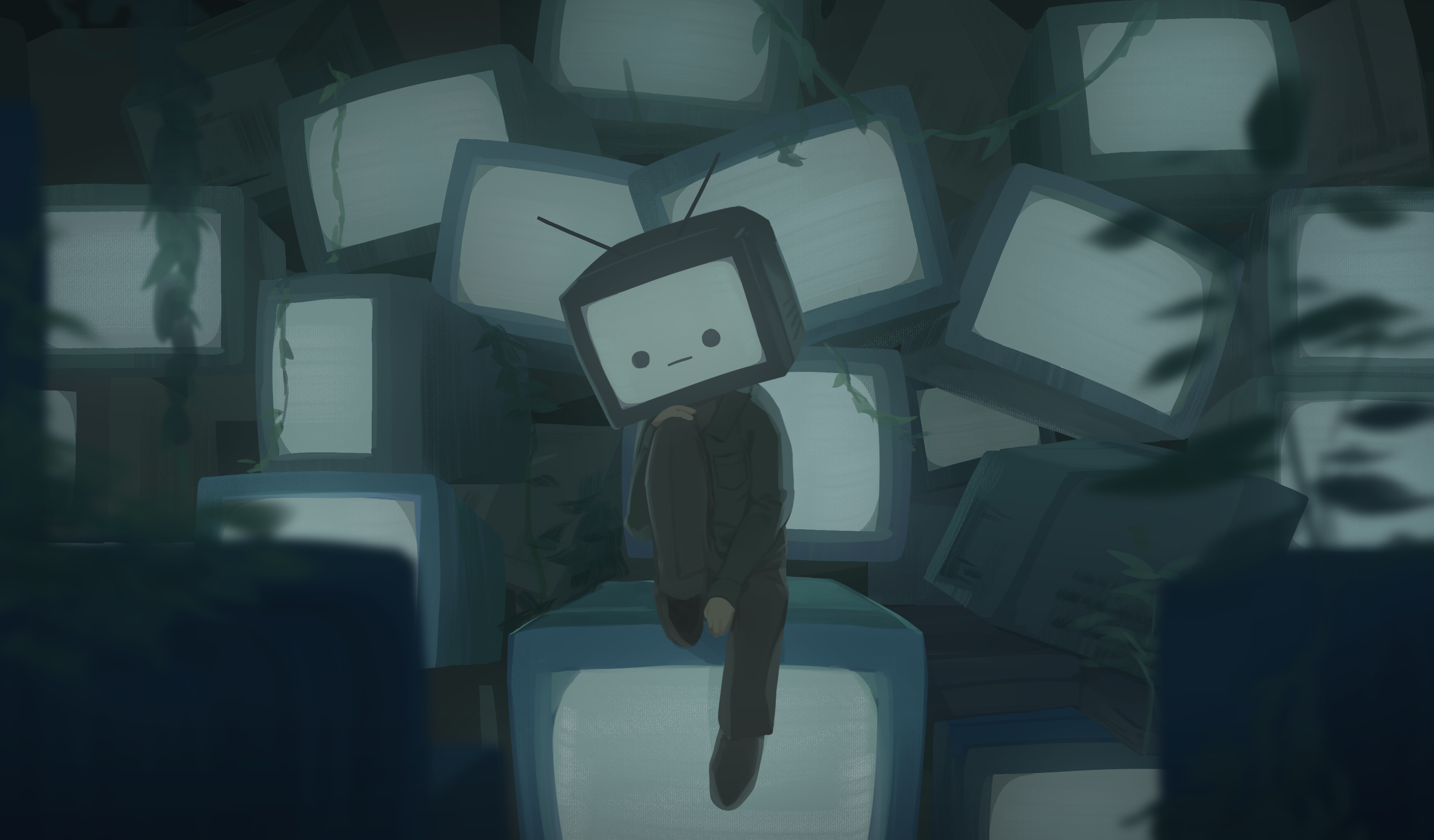 middletwo, original, absurdres, commentary request, highres, 1boy, blurry, blurry foreground, collared shirt, crt, hand on own knee, long sleeves, male focus, o o, object head, overgrown, pants, plant, radio antenna, shirt, sitting, solo, static, television, vines