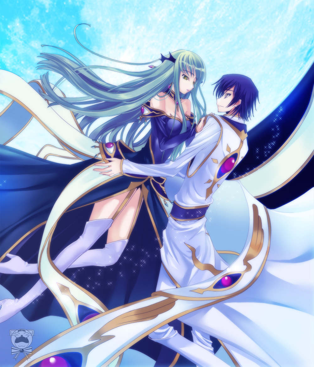 meimi k, c.c., lelouch vi britannia, code geass, 00s, 1boy, 1girl, boots, garter belt, thigh boots, thighhighs