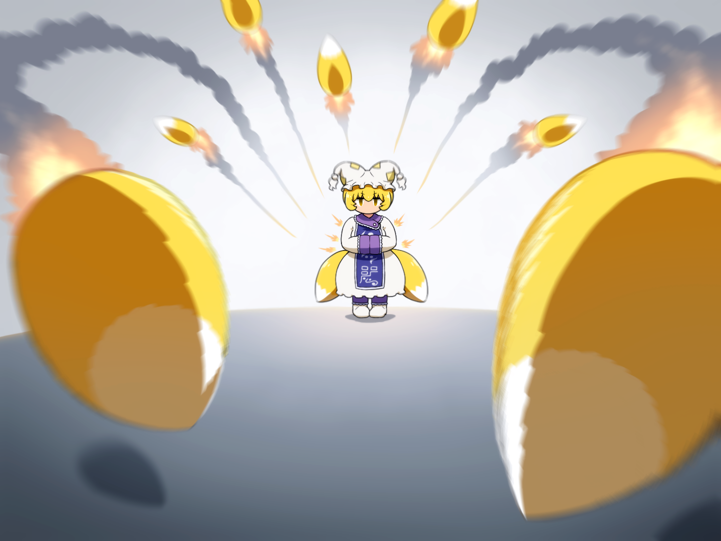 shirosato, yakumo ran, touhou, commentary request, 1girl, blonde hair, brown eyes, chibi, dress, fox tail, grey background, hair between eyes, hands in opposite sleeves, hat, pantyhose, purple pantyhose, shoes, solo, standing, tabard, tail, white dress, white hat, white shoes