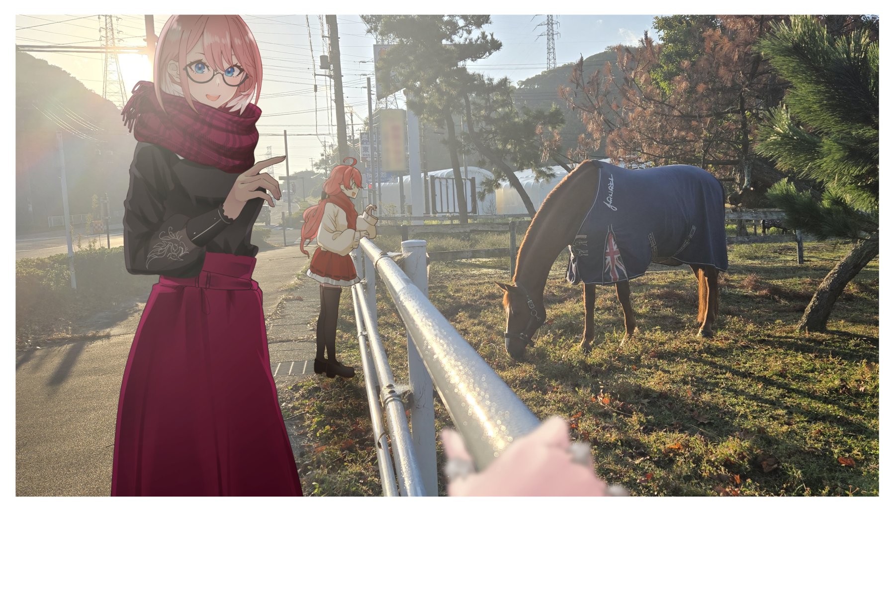 kurabi (neijitsu biyori), sakura miko, sakura miko (casual), takane lui, takane lui (casual), hololive, commentary, highres, symbol-only commentary, 1other, 2girls, against fence, ahoge, black shirt, black shoes, black thighhighs, bloom, blue eyes, border, breasts, cardigan, fence, grazing (livestock), hand up, horse, long hair, long skirt, long sleeves, looking at viewer, multiple girls, official alternate costume, open mouth, outdoors, photo background, pink hair, polaroid photo, red scarf, red skirt, scarf, semi-rimless eyewear, shirt, shoes, short hair, skirt, smile, standing, thighhighs, transmission tower, tree, virtual youtuber, white border, yellow cardigan, zettai ryouiki