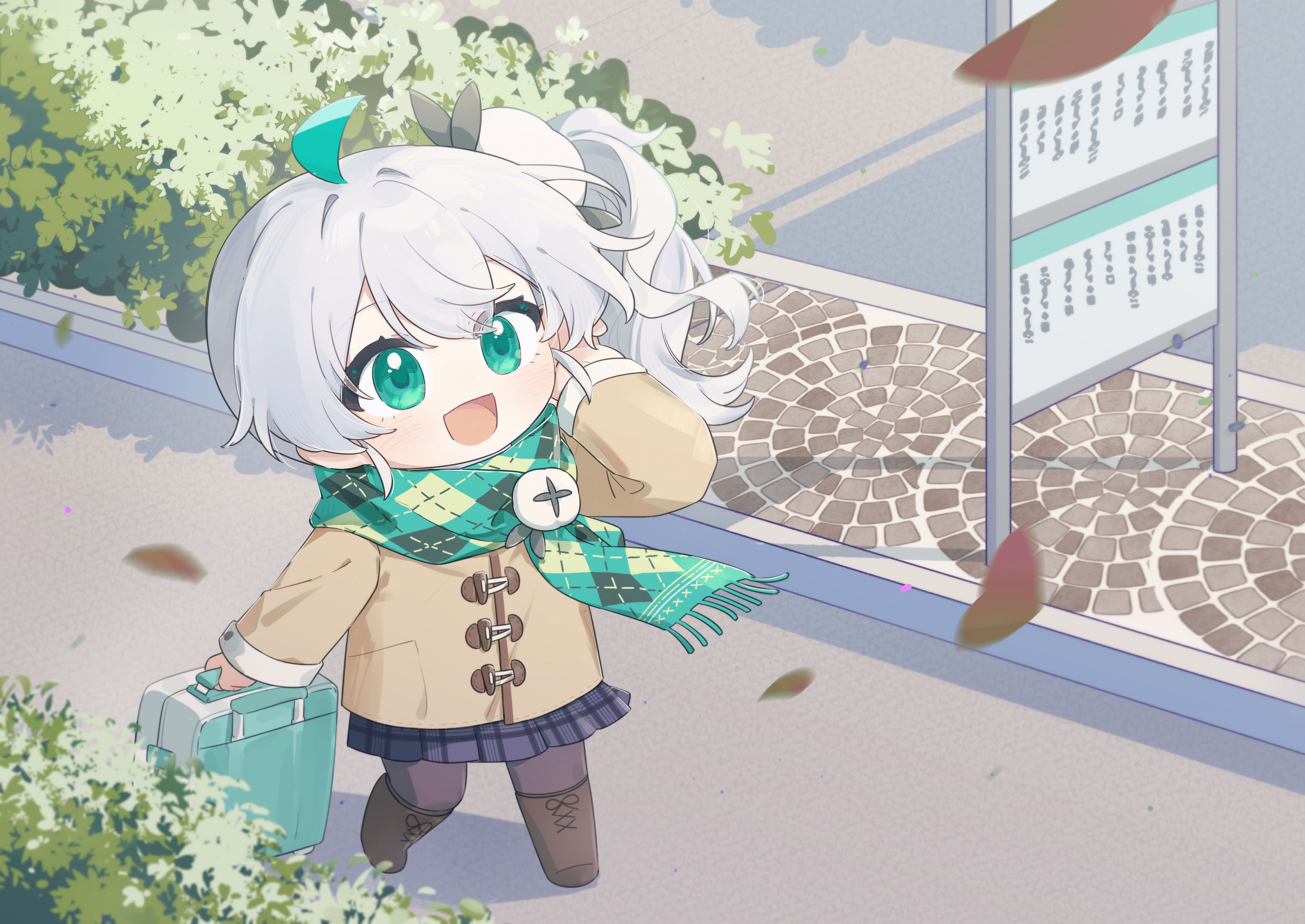 wenxiaomian family, commentary request, highres, 1girl, :d, ahoge, alternate costume, boots, chibi, coat, green eyes, green hair, green scarf, holding, leaf, long hair, long sleeves, multicolored hair, open mouth, outdoors, pantyhose, plant, pleated skirt, quanmian shidai, scarf, side ponytail, skirt, smile, solo, wen xiaomian, white hair