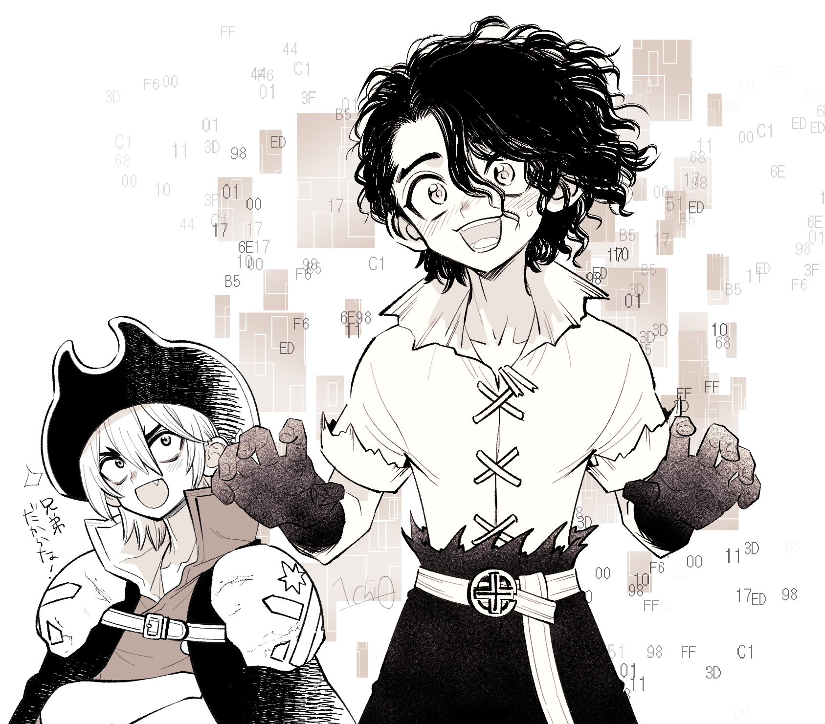 ninomae gin, nanami ryuusui, nanami sai, dr. stone, commentary request, highres, 2boys, :d, aged down, armor, belt, blush, brothers, cape, claw pose, collarbone, crossed arms, curly hair, fang, full-face blush, gloves, greyscale, hair between eyes, hat, looking at viewer, male focus, medium hair, monochrome, multiple boys, open mouth, pauldrons, pirate, pirate hat, sanpaku, scar, shirt, short hair, shoulder armor, siblings, smile, solo, solo focus, sweat, sweatdrop, torn clothes, upper body