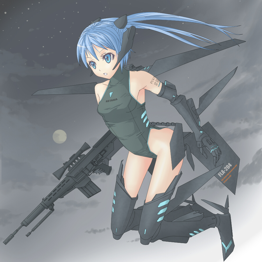 afro (artist), bad id, bad pixiv id, 1girl, blue eyes, blue hair, female focus, full body, gun, matching hair/eyes, mecha, mecha musume, moon, outdoors, robot, sky, solo, weapon