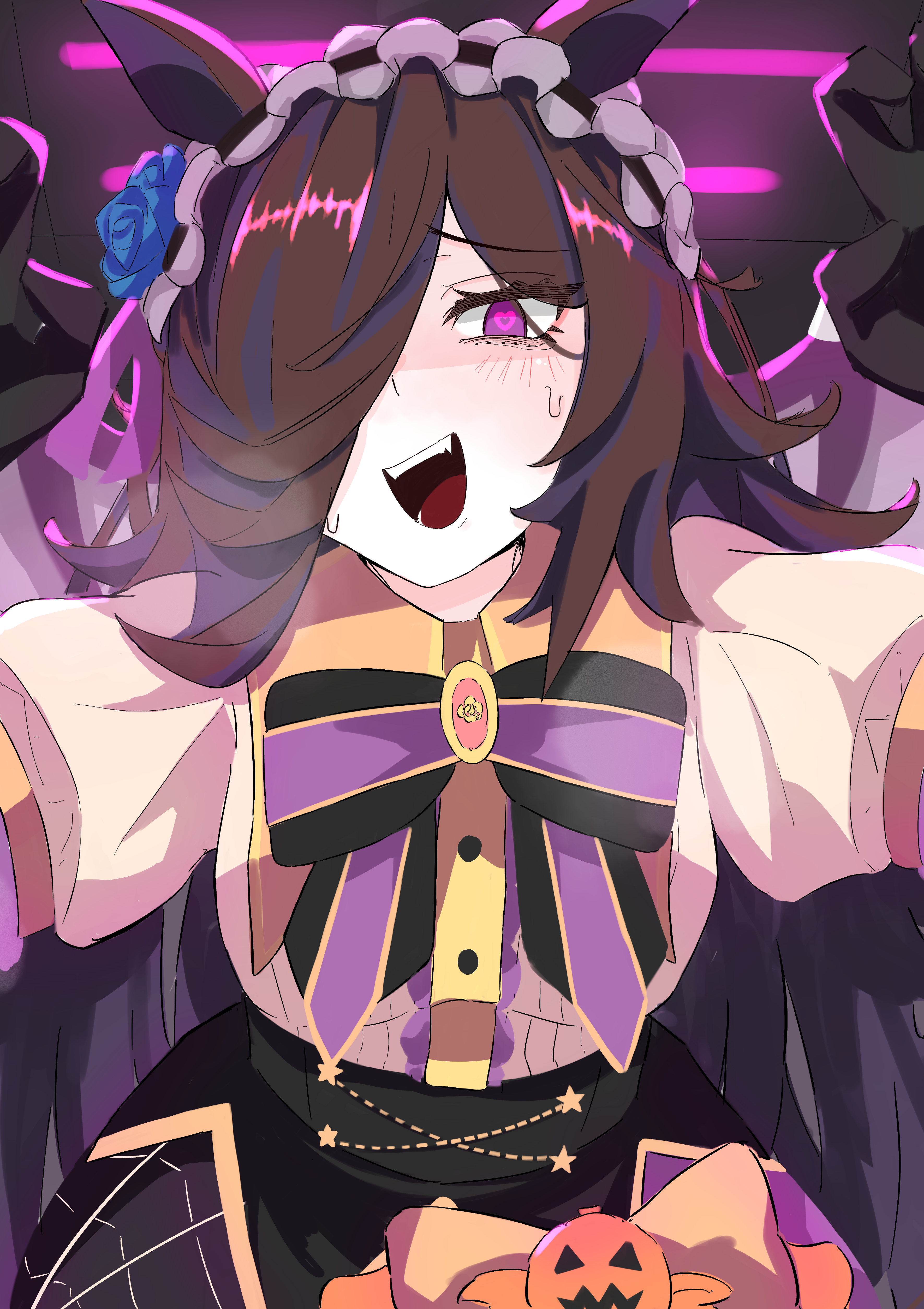 rice shower (umamusume), rice shower (vampire makeover!) (umamusume), umamusume, absurdres, commentary request, highres, 1girl, black bow, black bowtie, black gloves, black hair, black skirt, blush, bow, bowtie, claw pose, fang, furrowed brow, gloves, hair over one eye, headdress, heart, heart-shaped pupils, javelinlin1108, long hair, long sleeves, pink bow, pink bowtie, puffy short sleeves, puffy sleeves, purple eyes, shirt, short sleeves, skirt, solo, sweatdrop, symbol-shaped pupils, two-tone bow, two-tone bowtie, very long hair, white shirt