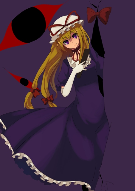fuurin (omaemona), yakumo yukari, touhou, bad id, bad pixiv id, 1girl, blonde hair, bow, elbow gloves, female focus, gap (touhou), gloves, hair bow, hand fan, hat, long hair, purple eyes, ribbon, solo, white gloves