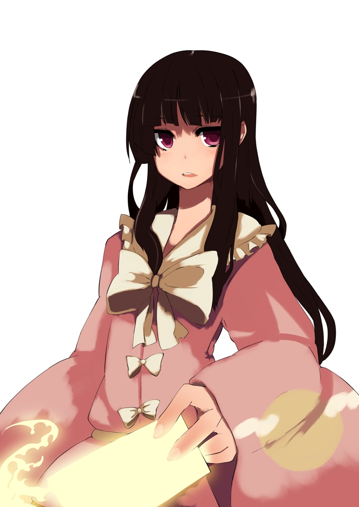 fuurin (omaemona), houraisan kaguya, touhou, bad id, bad pixiv id, 1girl, black hair, blunt bangs, female focus, hime cut, japanese clothes, long hair, purple eyes, simple background, solo, spell card, white background