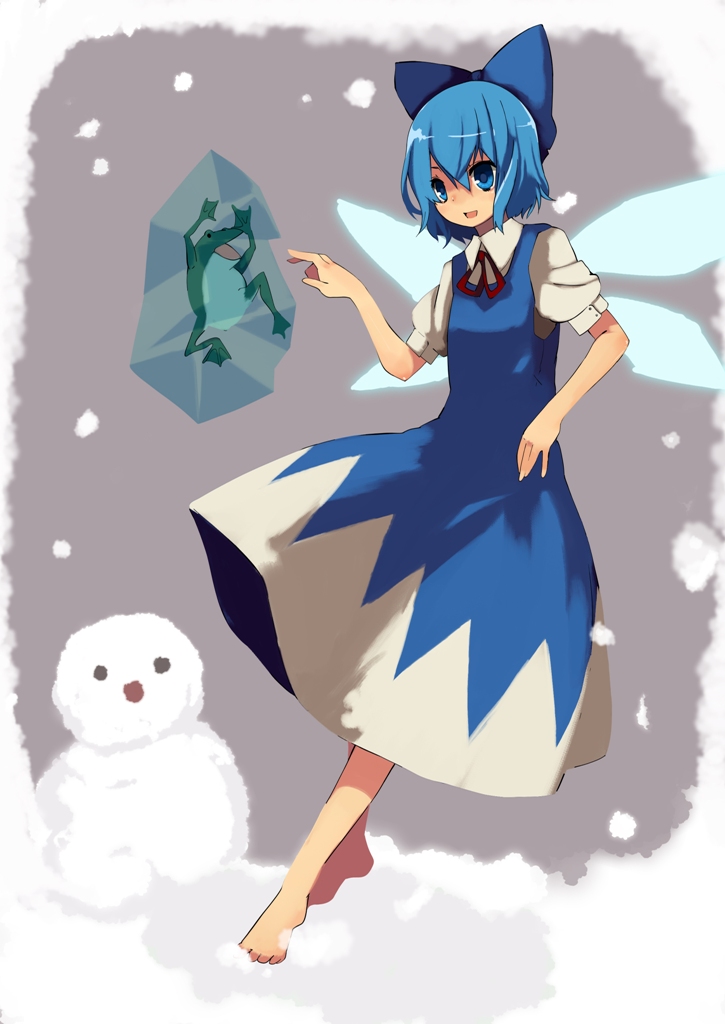 fuurin (omaemona), cirno, embodiment of scarlet devil, touhou, bad id, bad pixiv id, barefoot, blue eyes, blue hair, bow, frog, hair bow, short hair, snow, snowman, solo, wings