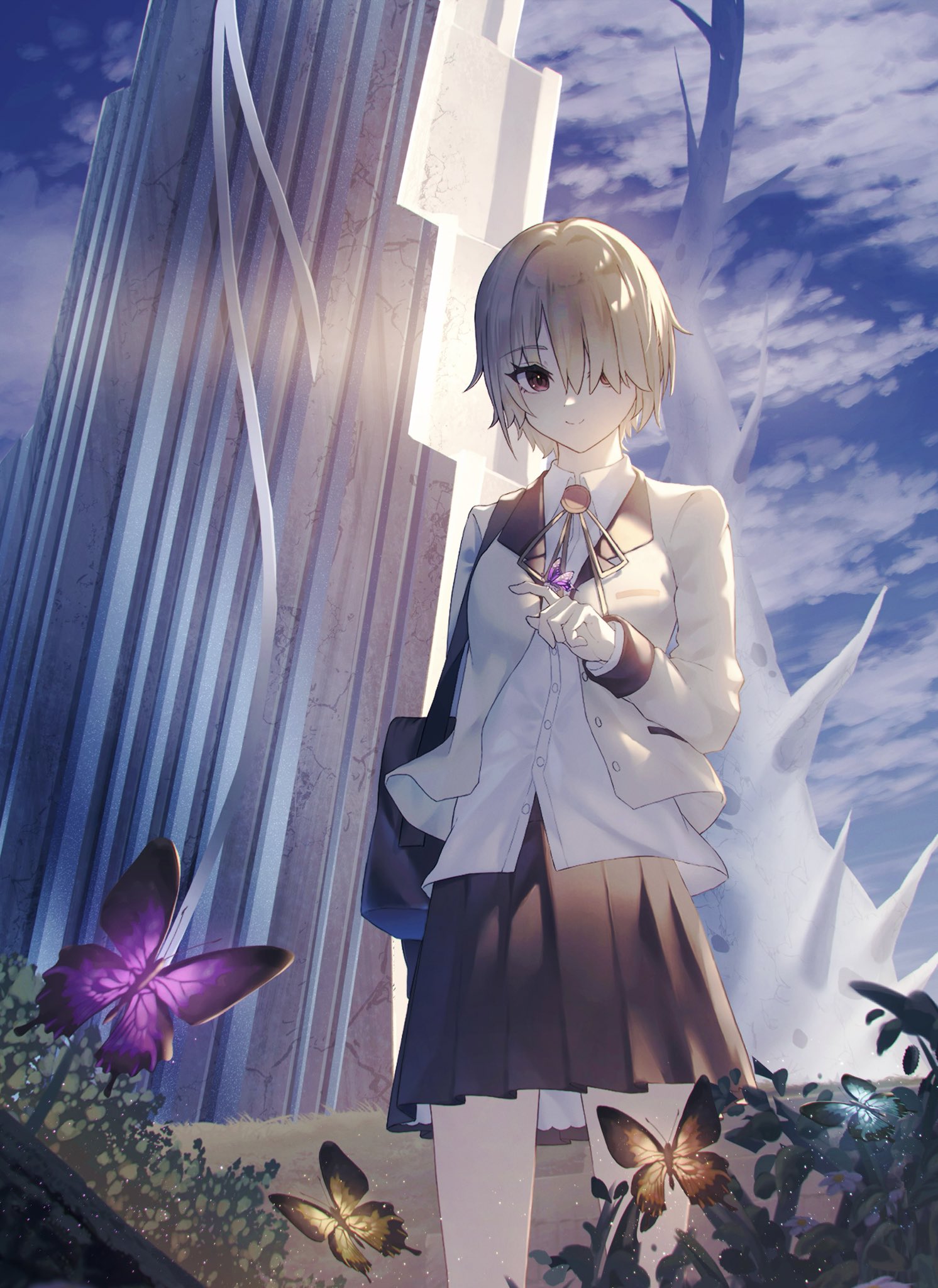 asukake project, kayamori ruka, angel beats!, heaven burns red, key (company), commentary, highres, 1girl, alternate costume, animal, backlighting, bag, black skirt, blonde hair, blue sky, bug, building, butterfly, butterfly on hand, cloud, cloudy sky, collared shirt, company connection, cowboy shot, day, flower, hair over one eye, insect, jacket, light particles, long sleeves, looking at viewer, miniskirt, neck ribbon, one eye covered, open clothes, open jacket, outdoors, pleated skirt, purple butterfly, red eyes, ribbon, ruins, scenery, school bag, school uniform, shirt, short hair, shoulder bag, skirt, sky, socks, solo, standing, tree, white jacket, white shirt, yellow ribbon