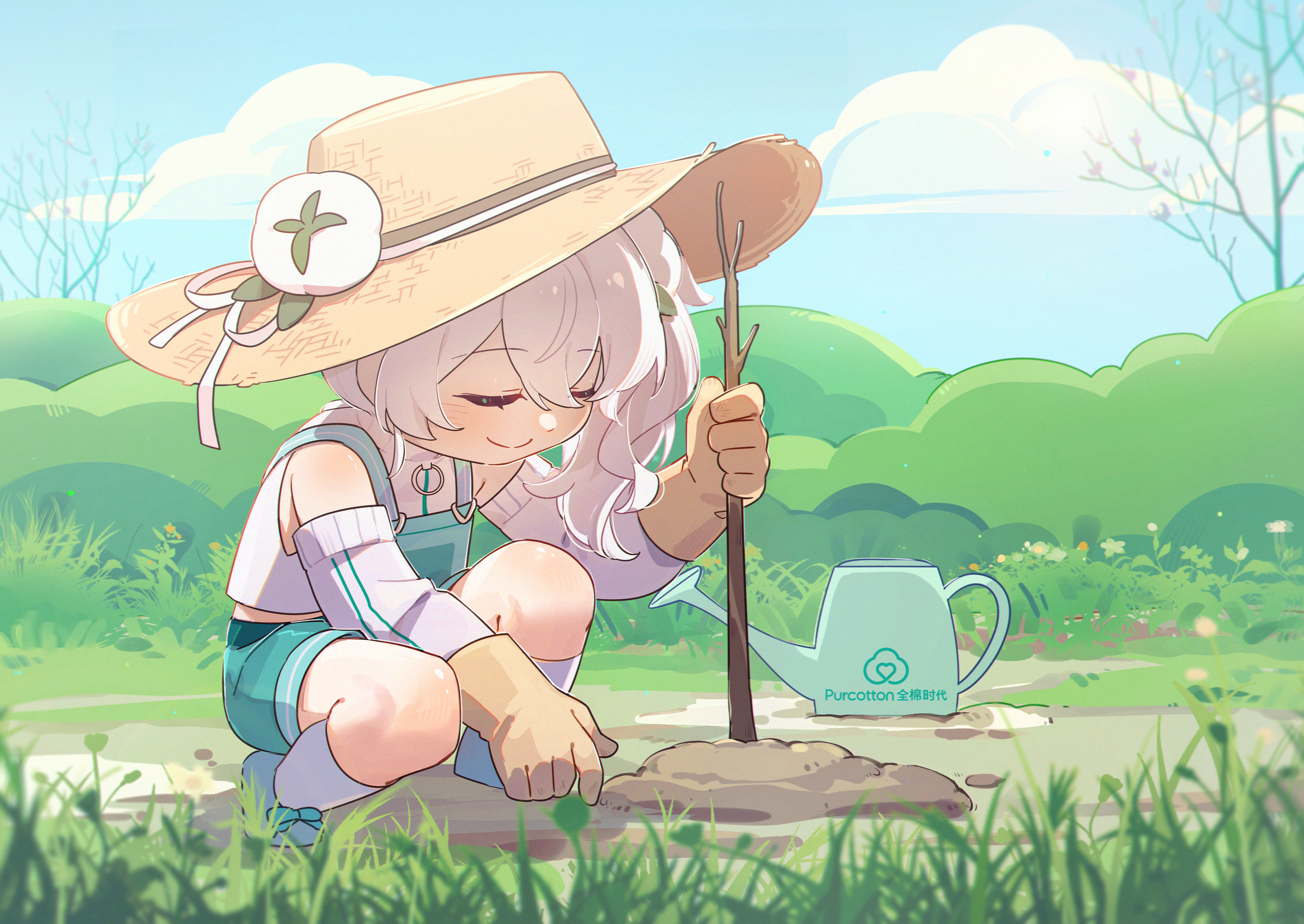 wenxiaomian family, commentary request, highres, 1girl, ahoge, alternate costume, blue sky, brown gloves, closed eyes, closed mouth, cloud, day, gloves, grass, green eyes, hat, holding, long hair, long sleeves, multicolored hair, outdoors, overalls, quanmian shidai, shirt, shorts, side ponytail, sky, smile, socks, solo, squatting, straw hat, tree, watering can, wen xiaomian, white hair, white shirt, white socks