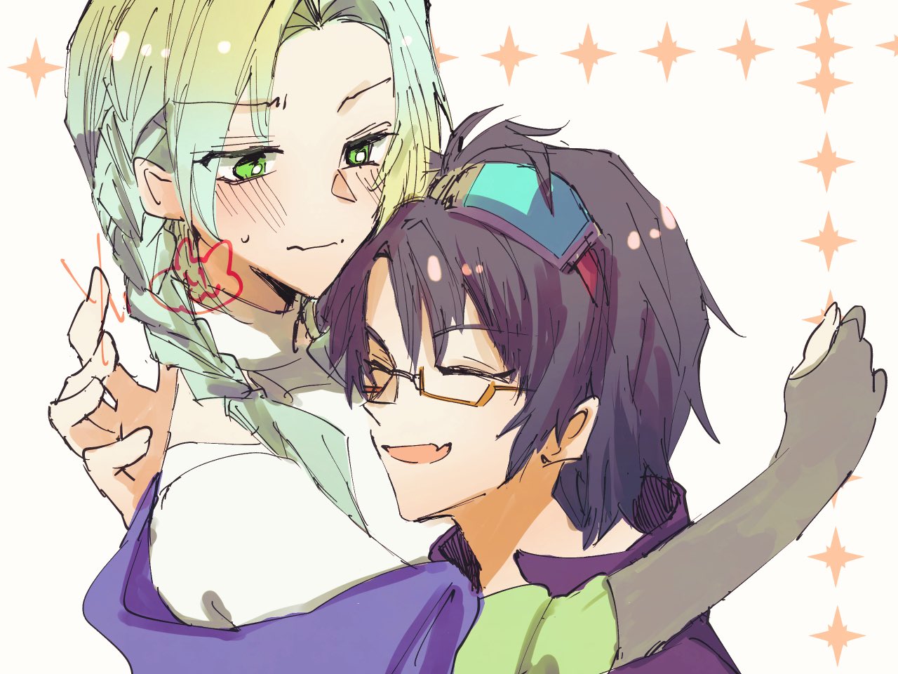 rin 0101010, setsu (gnosia), gnosia, commentary request, tagme, 1boy, 1girl, 1han, alien, black background, blonde hair, closed eyes, evil smile, fingerless gloves, ftm, gloves, hair ornament, hairclip, happy megchan, meme, mtf, red eyes, short hair, smile, yuri (gnosia)