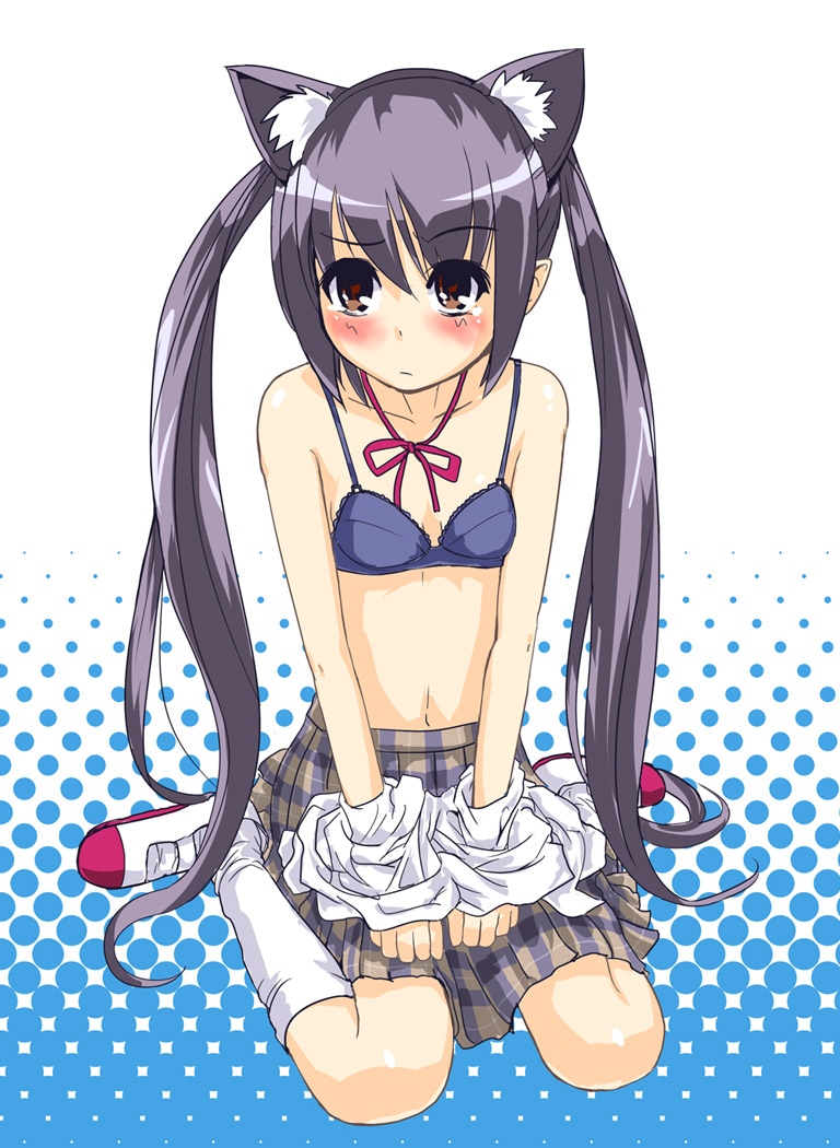 culter, nakano azusa, k-on!, bad id, bad pixiv id, 00s, 1girl, animal ears, black hair, blush, bra, brown eyes, cat ears, choker, fake animal ears, female focus, flat chest, hair between eyes, halftone, halftone background, kemonomimi mode, lingerie, loli, long hair, neck ribbon, plaid clothes, plaid skirt, ribbon, ribbon choker, school uniform, shoes, sitting, skirt, socks, solo, tears, twintails, underwear, undressing, uwabaki, wariza, white socks